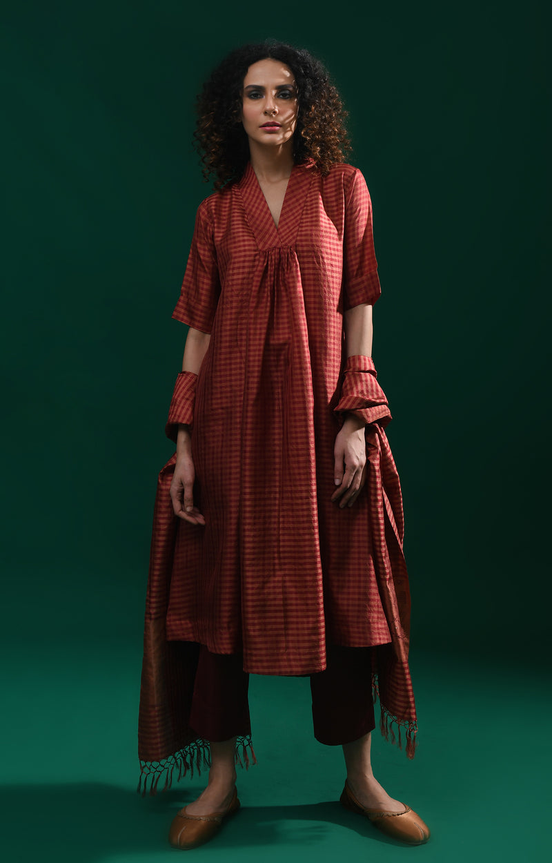 Maroon Bangalore silk plaid co-ord with jamdani dupatta set