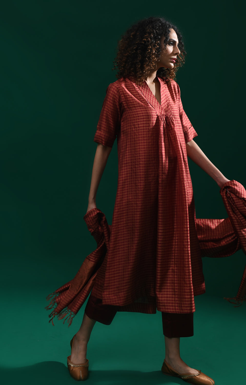 Maroon Bangalore silk plaid co-ord with jamdani dupatta set