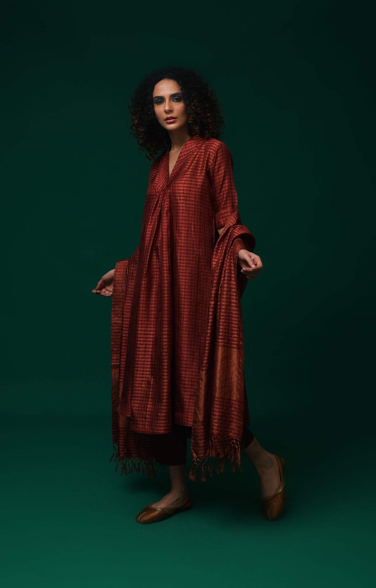 Maroon Bangalore silk plaid co-ord with jamdani dupatta set