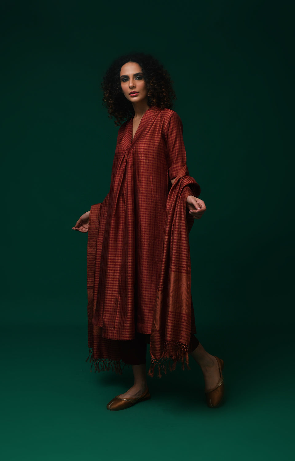 Maroon Bangalore silk plaid co-ord with jamdani dupatta set