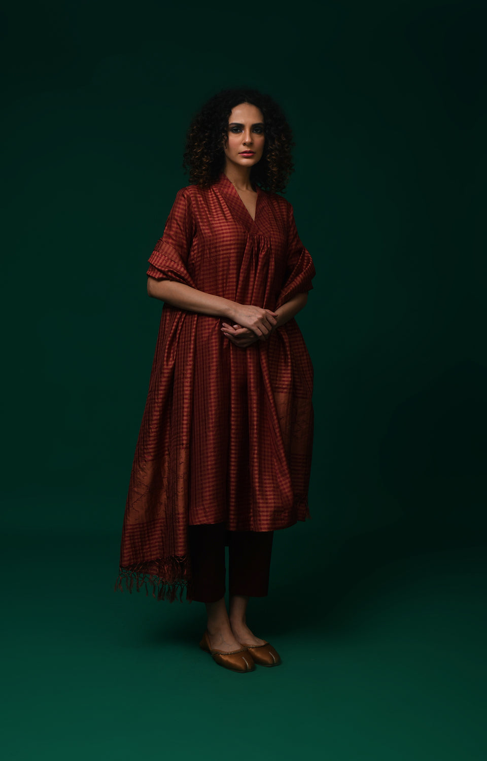 Maroon Bangalore silk plaid co-ord with jamdani dupatta set