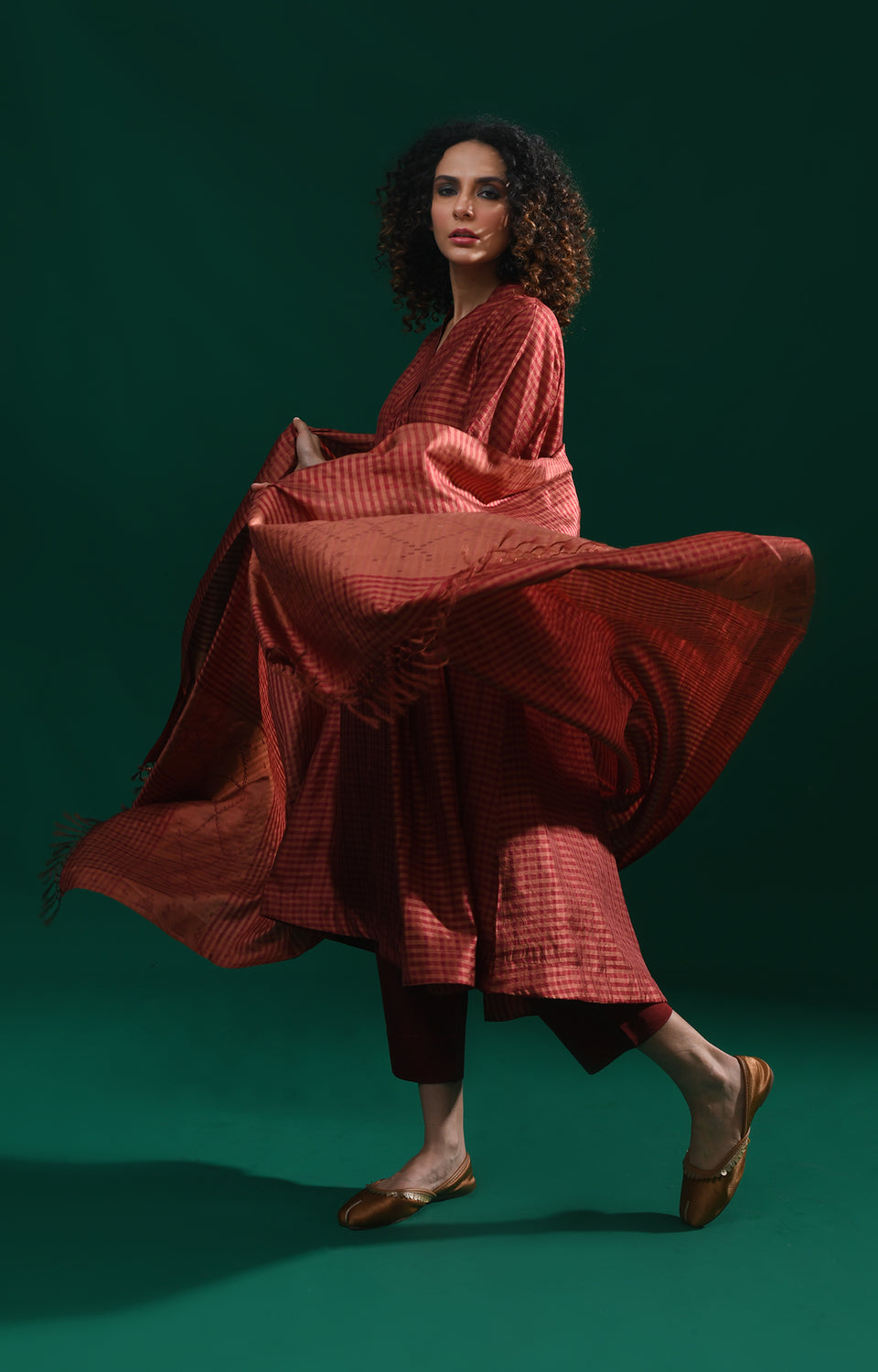 Maroon Bangalore silk plaid co-ord with jamdani dupatta set