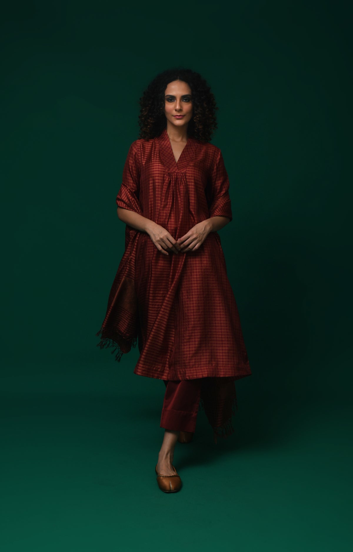 Maroon Bangalore silk plaid co-ord with jamdani dupatta set