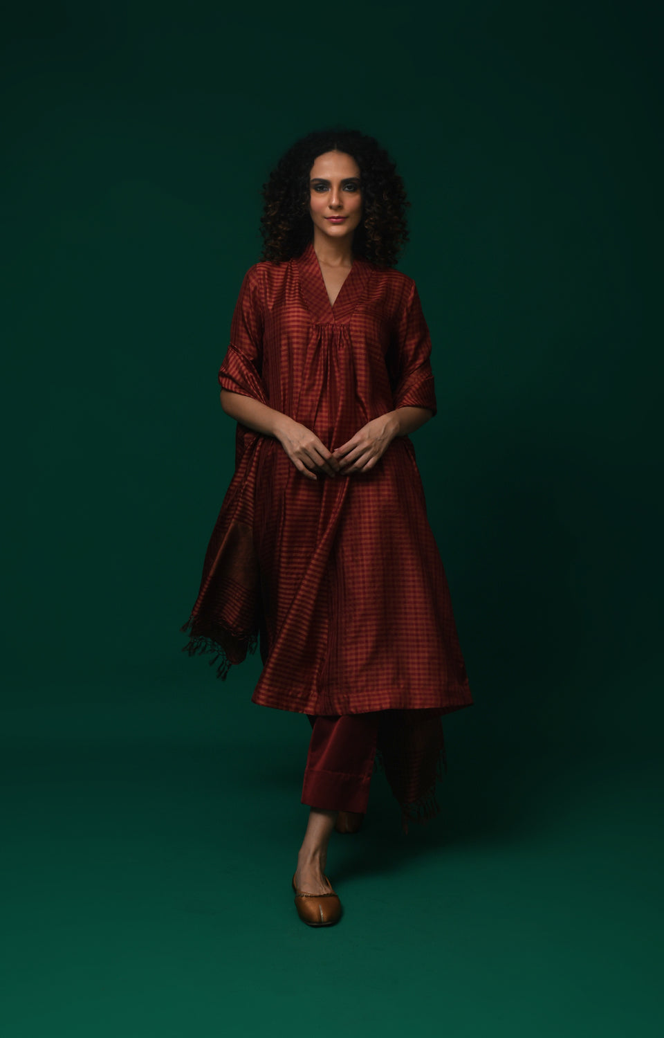 Maroon Bangalore silk plaid co-ord with jamdani dupatta set