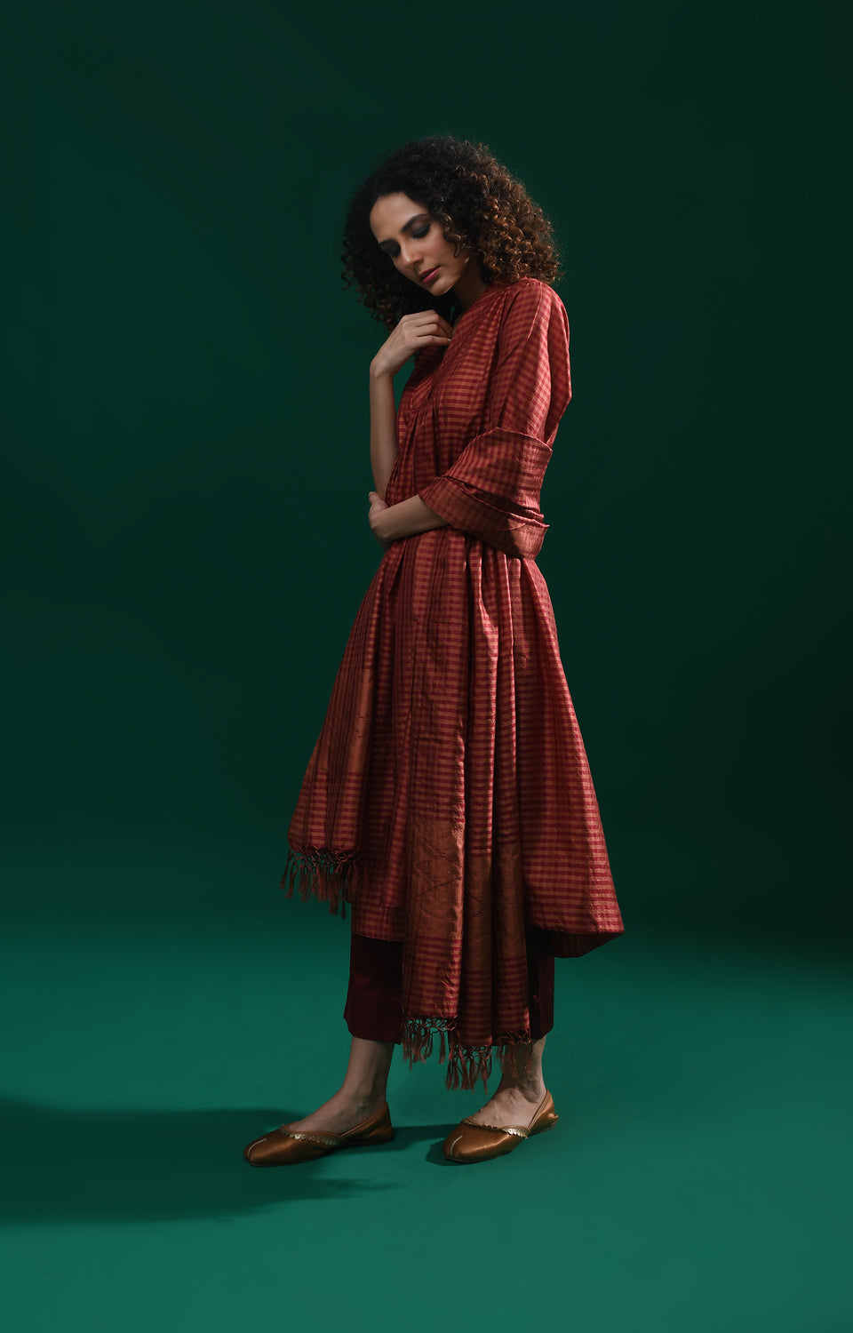 Maroon Bangalore silk plaid co-ord with jamdani dupatta set