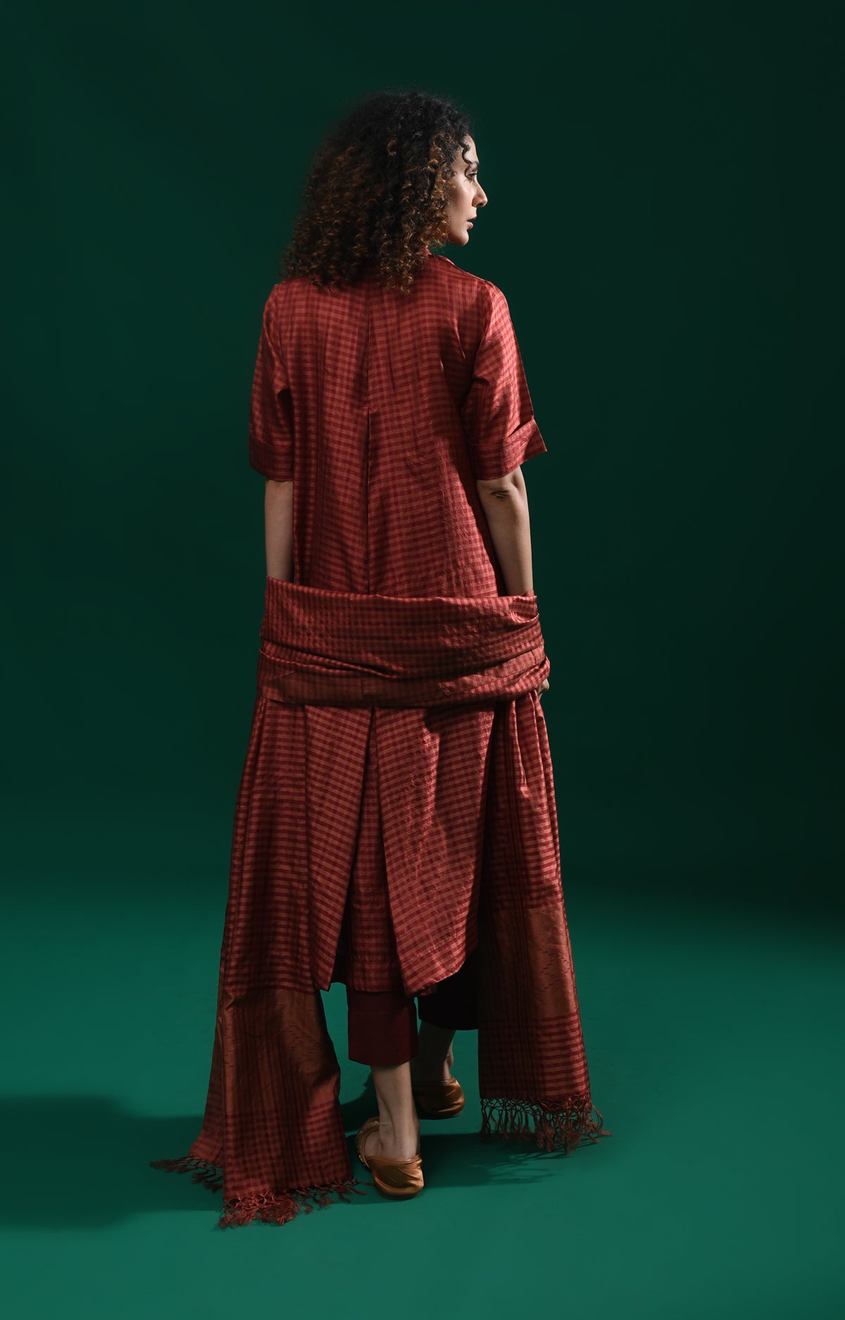 Maroon Bangalore silk plaid co-ord with jamdani dupatta set