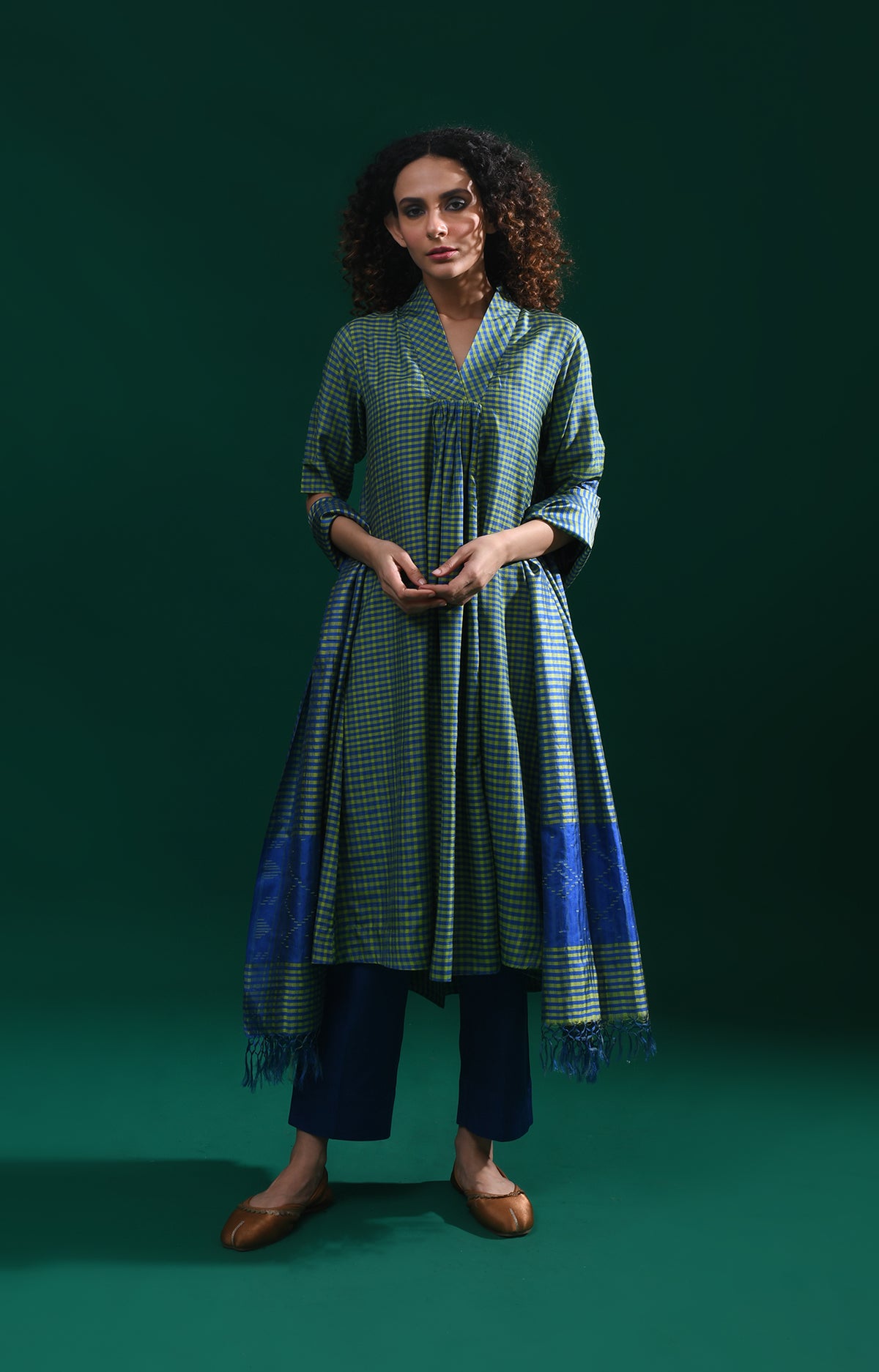 Green blue Bangalore silk plaid co-ord with jamdani dupatta set