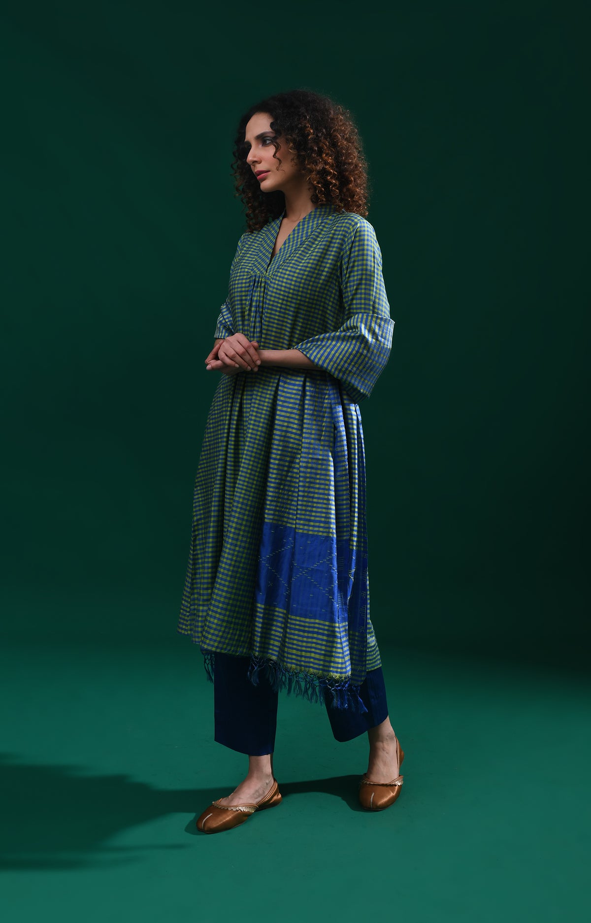 Green blue Bangalore silk plaid co-ord with jamdani dupatta set