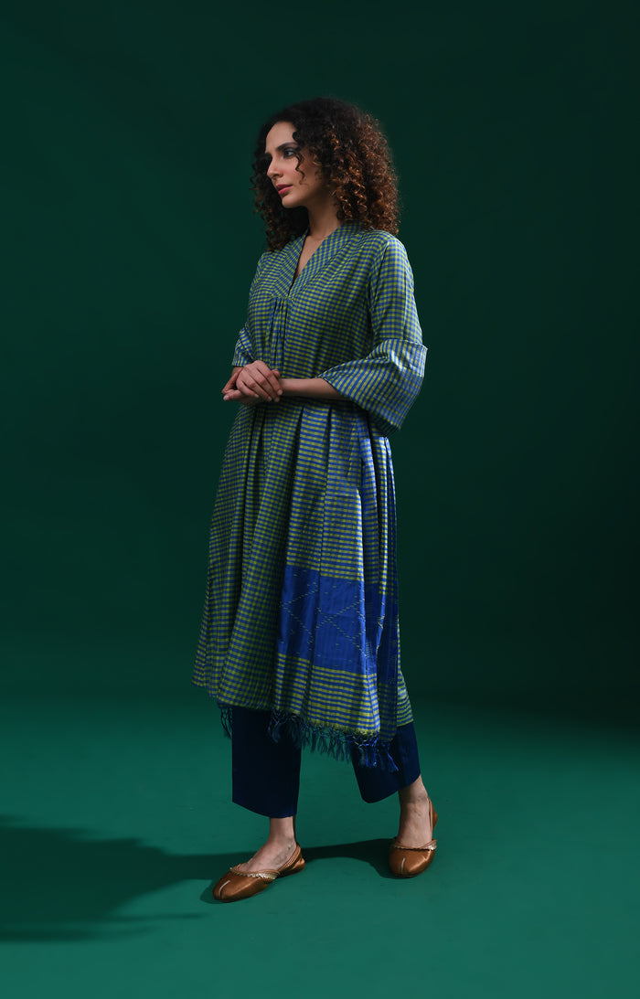Green blue Bangalore silk plaid co-ord with jamdani dupatta set