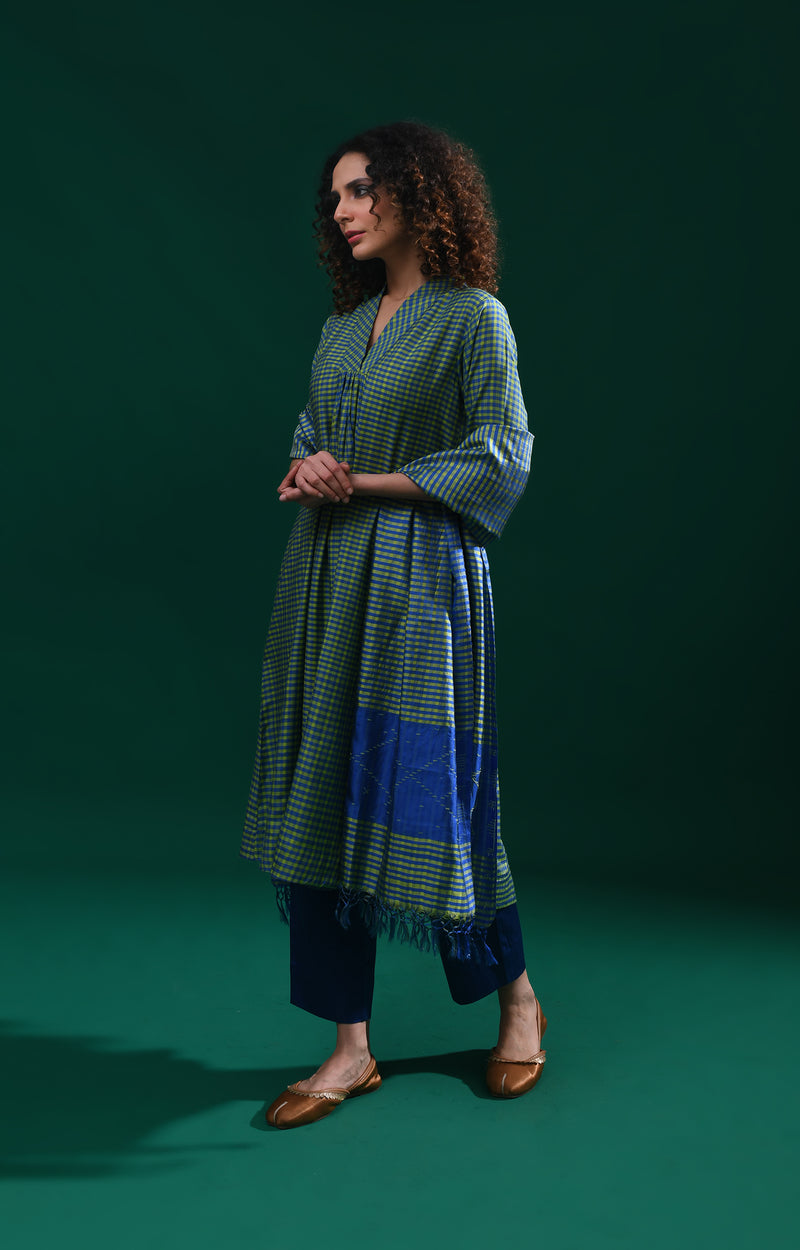 Green blue Bangalore silk plaid co-ord with jamdani dupatta set