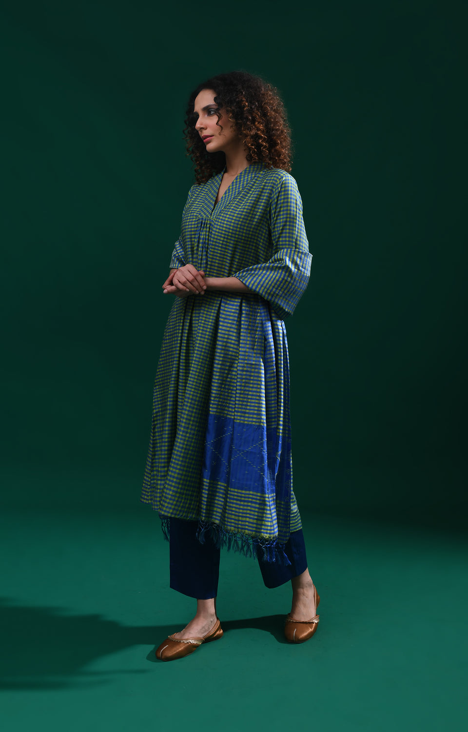 Green blue Bangalore silk plaid co-ord with jamdani dupatta set