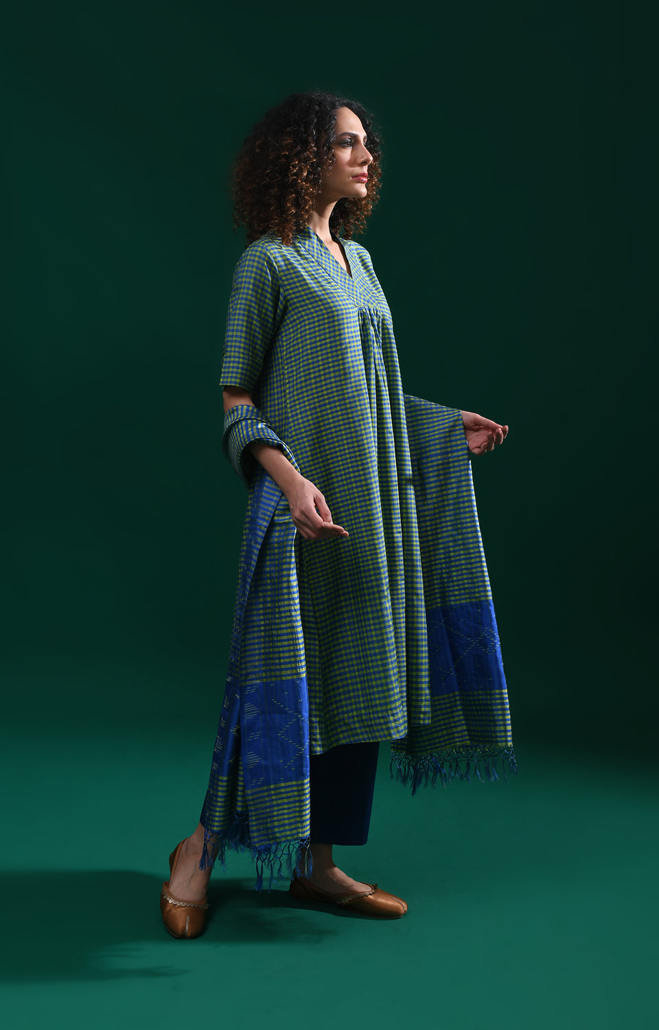 Green blue Bangalore silk plaid co-ord with jamdani dupatta set
