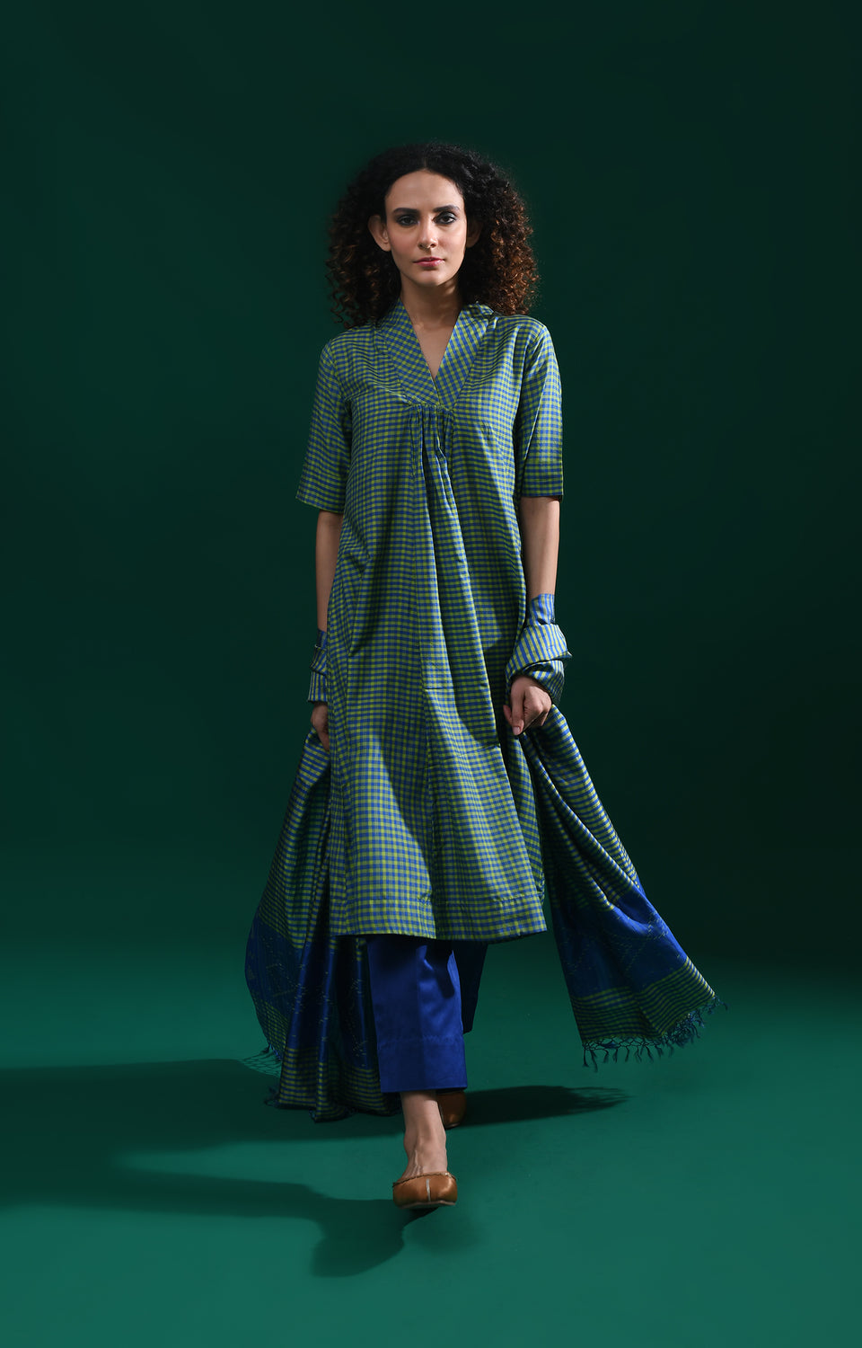 Green blue Bangalore silk plaid co-ord with jamdani dupatta set