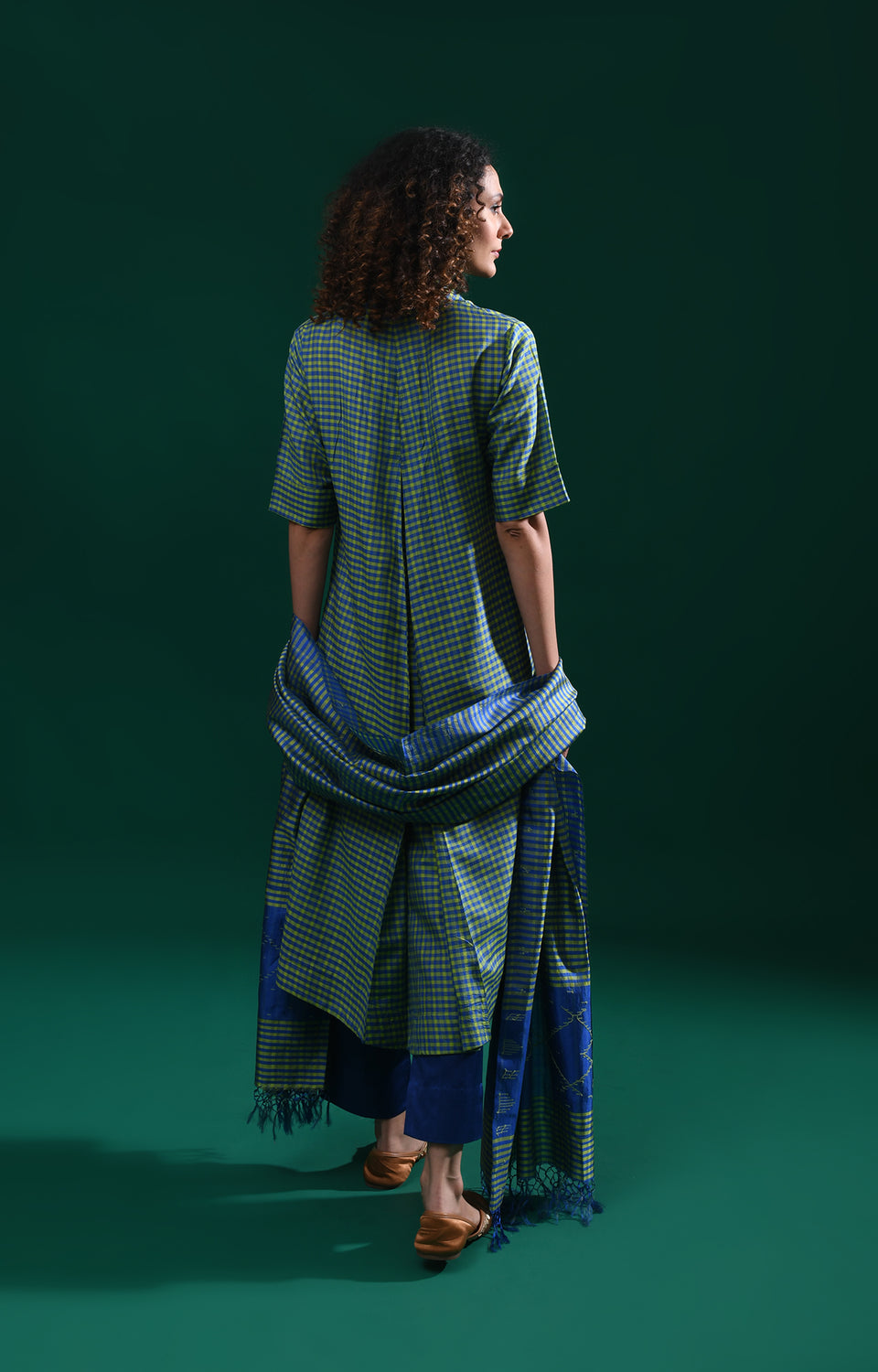 Green blue Bangalore silk plaid co-ord with jamdani dupatta set