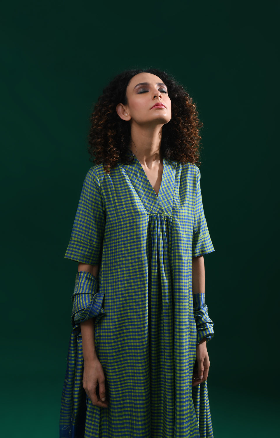 Green blue Bangalore silk plaid co-ord with jamdani dupatta set