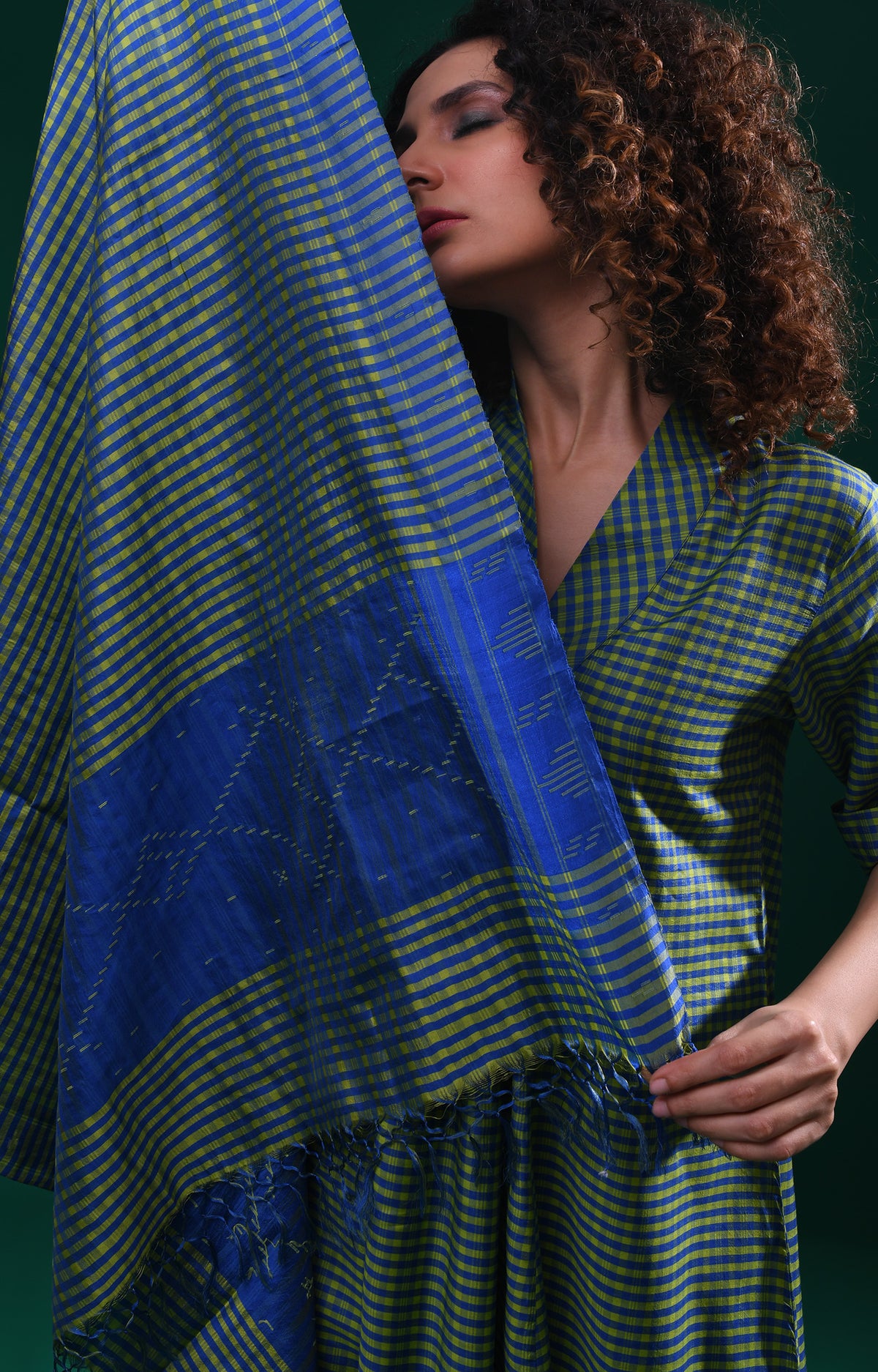 Green blue Bangalore silk plaid co-ord with jamdani dupatta set