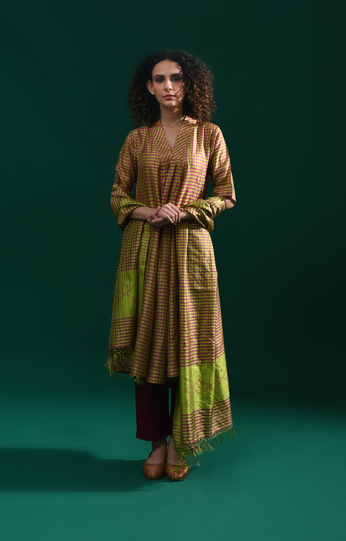 Olive pink Bangalore silk plaid co-ord with jamdani dupatta set