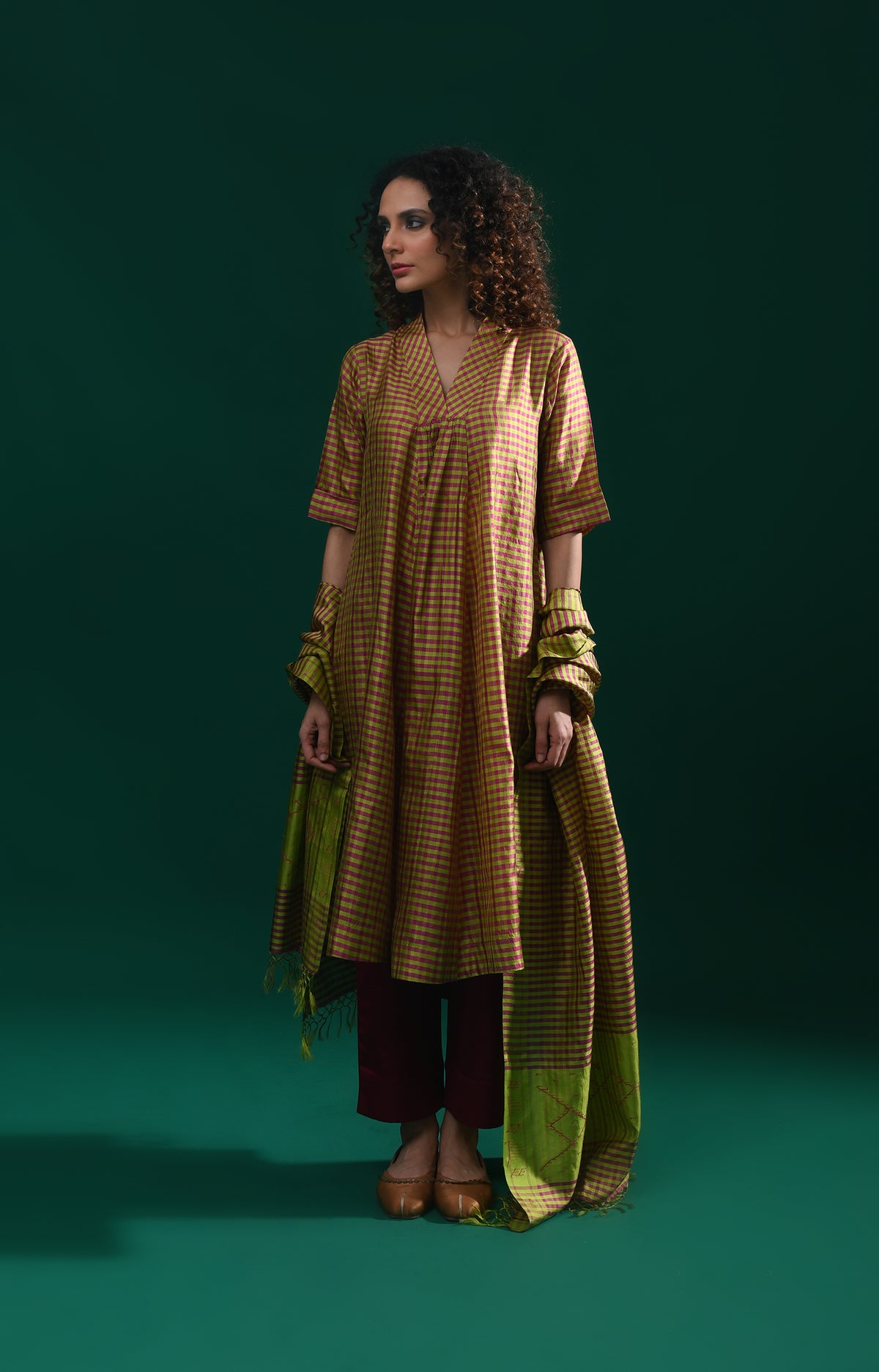 Olive pink Bangalore silk plaid co-ord with jamdani dupatta set