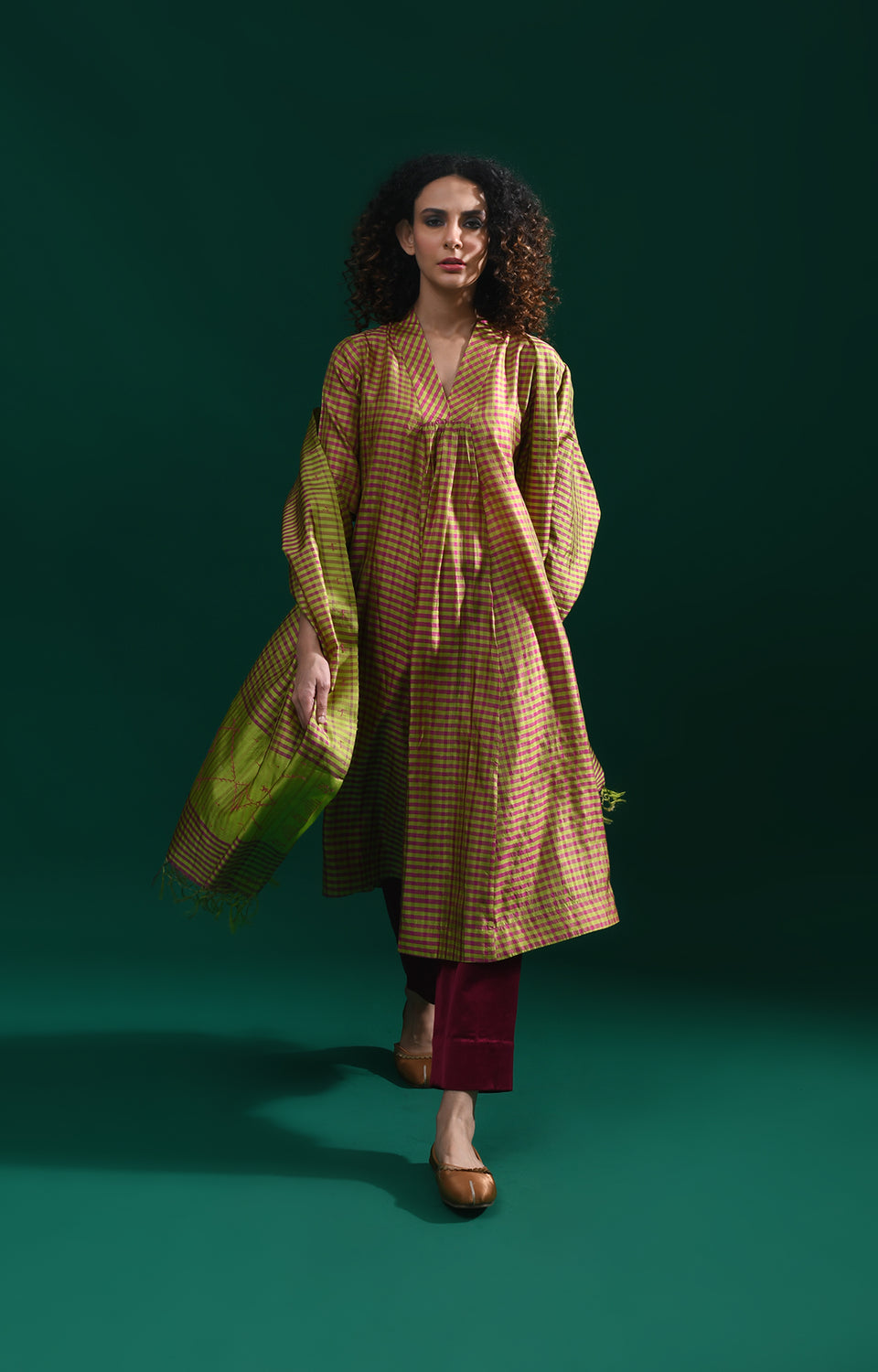Olive pink Bangalore silk plaid co-ord with jamdani dupatta set