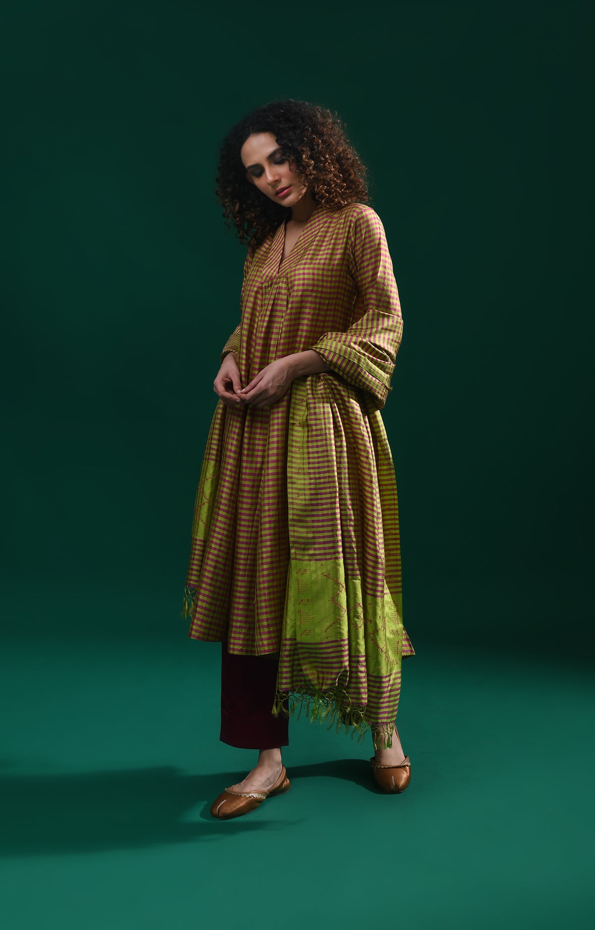 Olive pink Bangalore silk plaid co-ord with jamdani dupatta set