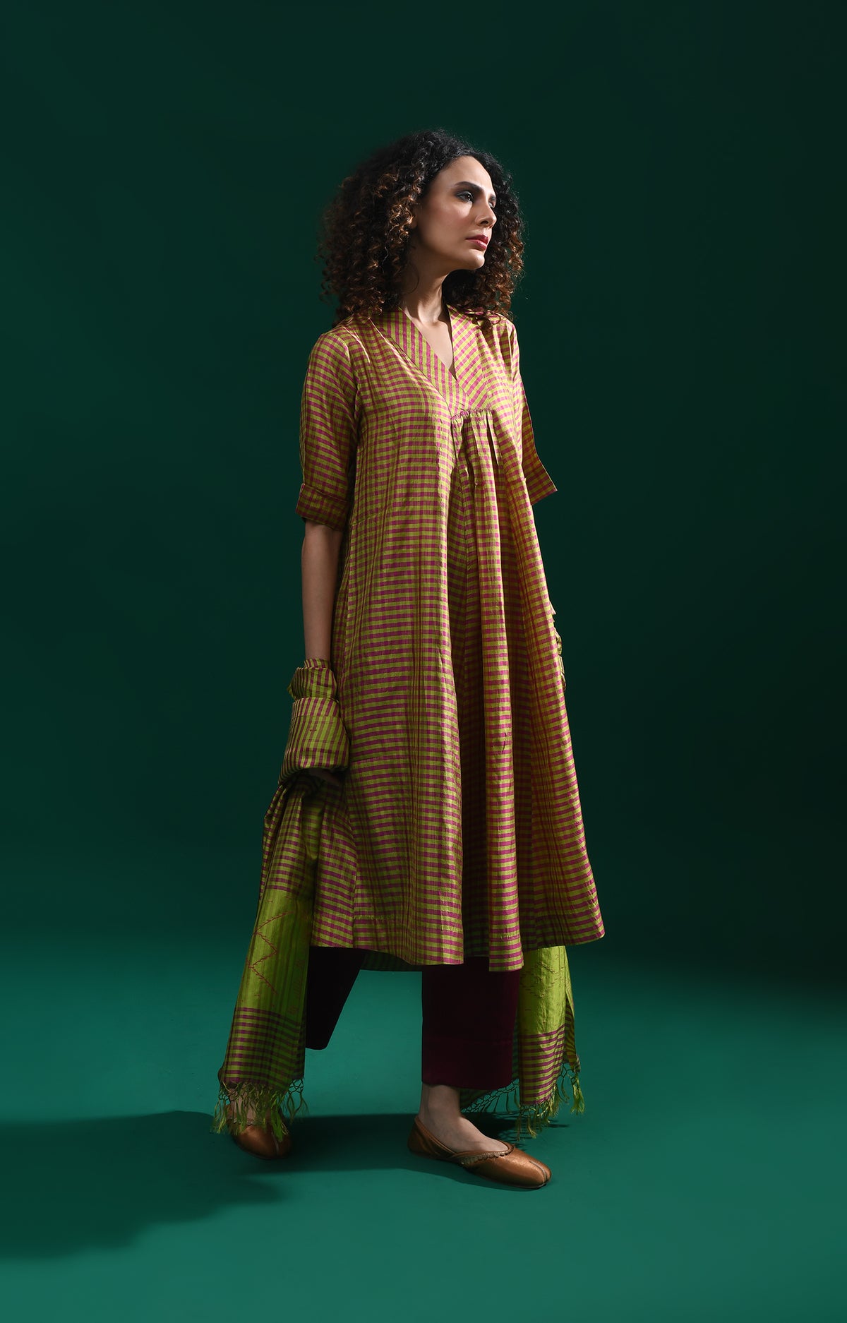Olive pink Bangalore silk plaid co-ord with jamdani dupatta set