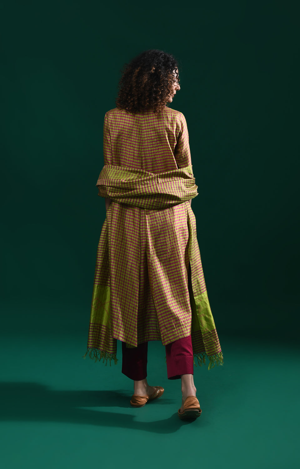Olive pink Bangalore silk plaid co-ord with jamdani dupatta set
