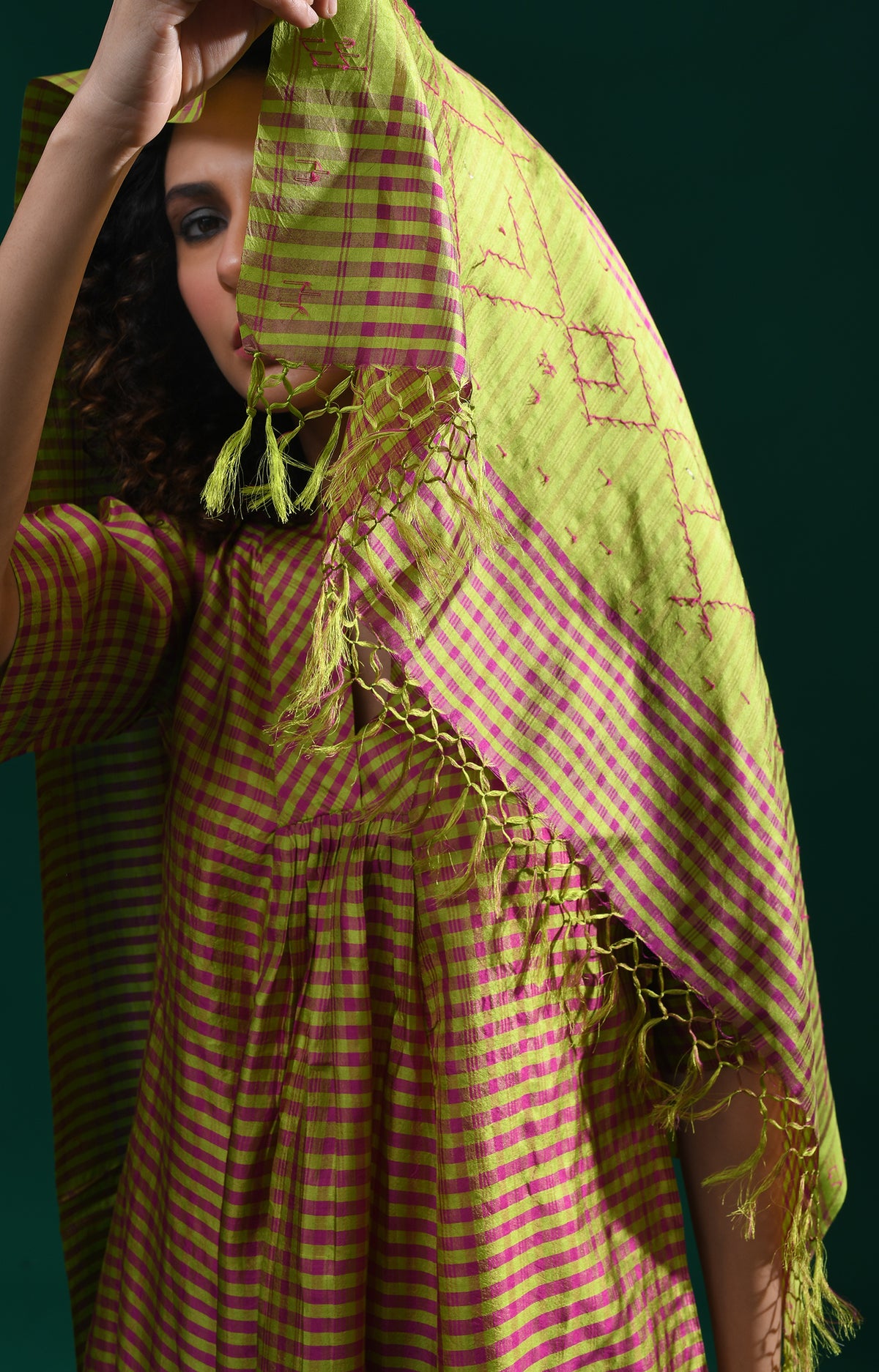 Olive pink Bangalore silk plaid co-ord with jamdani dupatta set