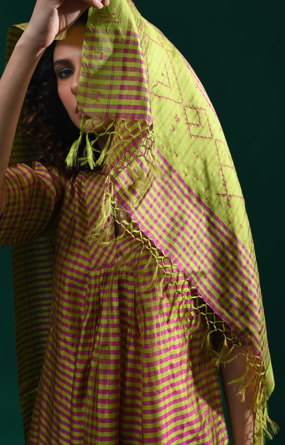 Olive pink Bangalore silk plaid co-ord with jamdani dupatta set