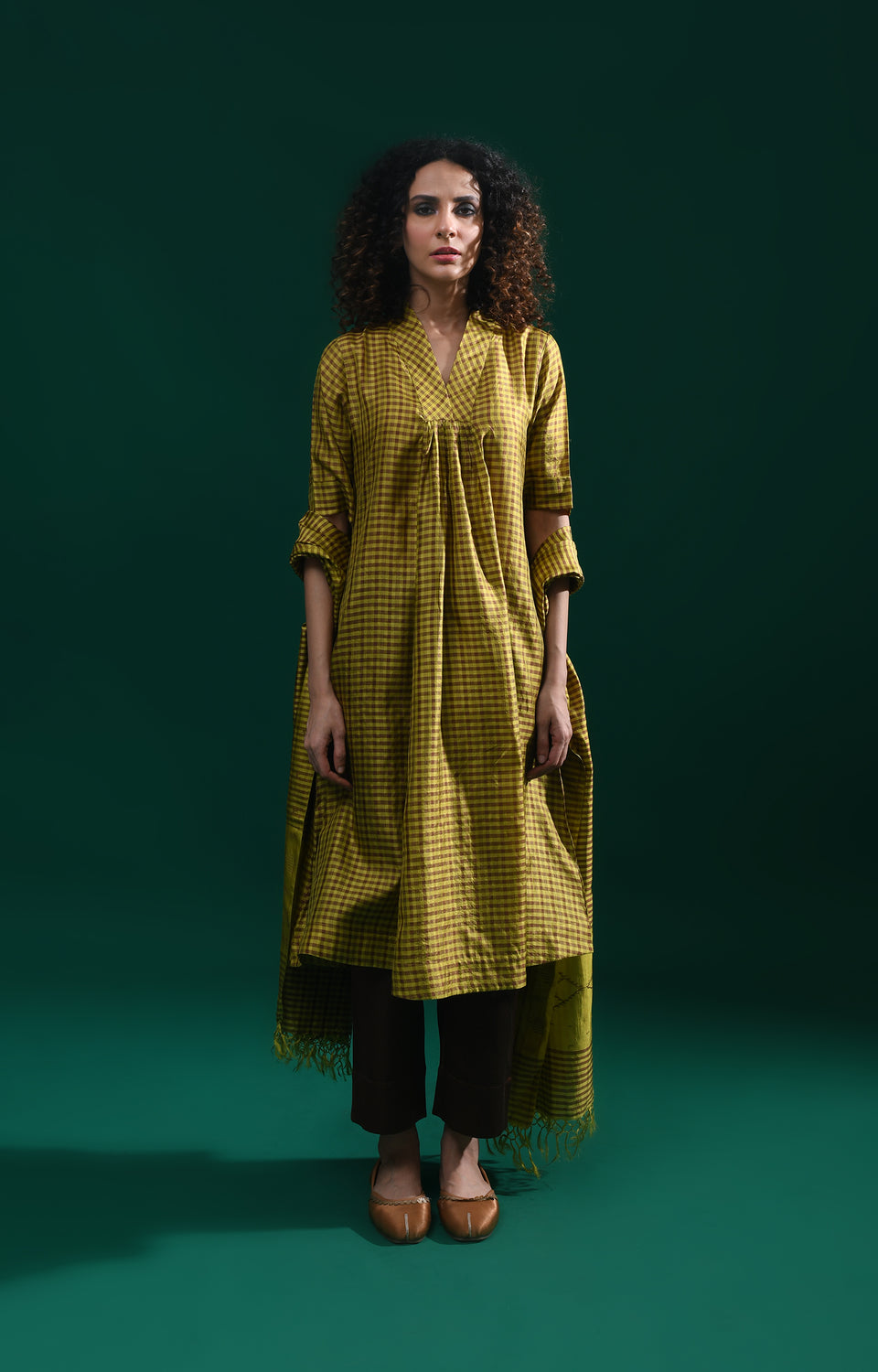 Mustard Bangalore silk plaid co-ord with jamdani dupatta set