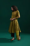 Bangalore Silk Plaid Co-Ord Set with Silk Jamdani Dupatta (Set of 3)- Mustard & Brown