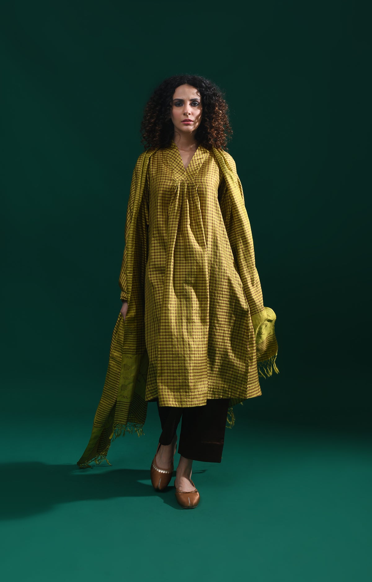 Mustard Bangalore silk plaid co-ord with jamdani dupatta set