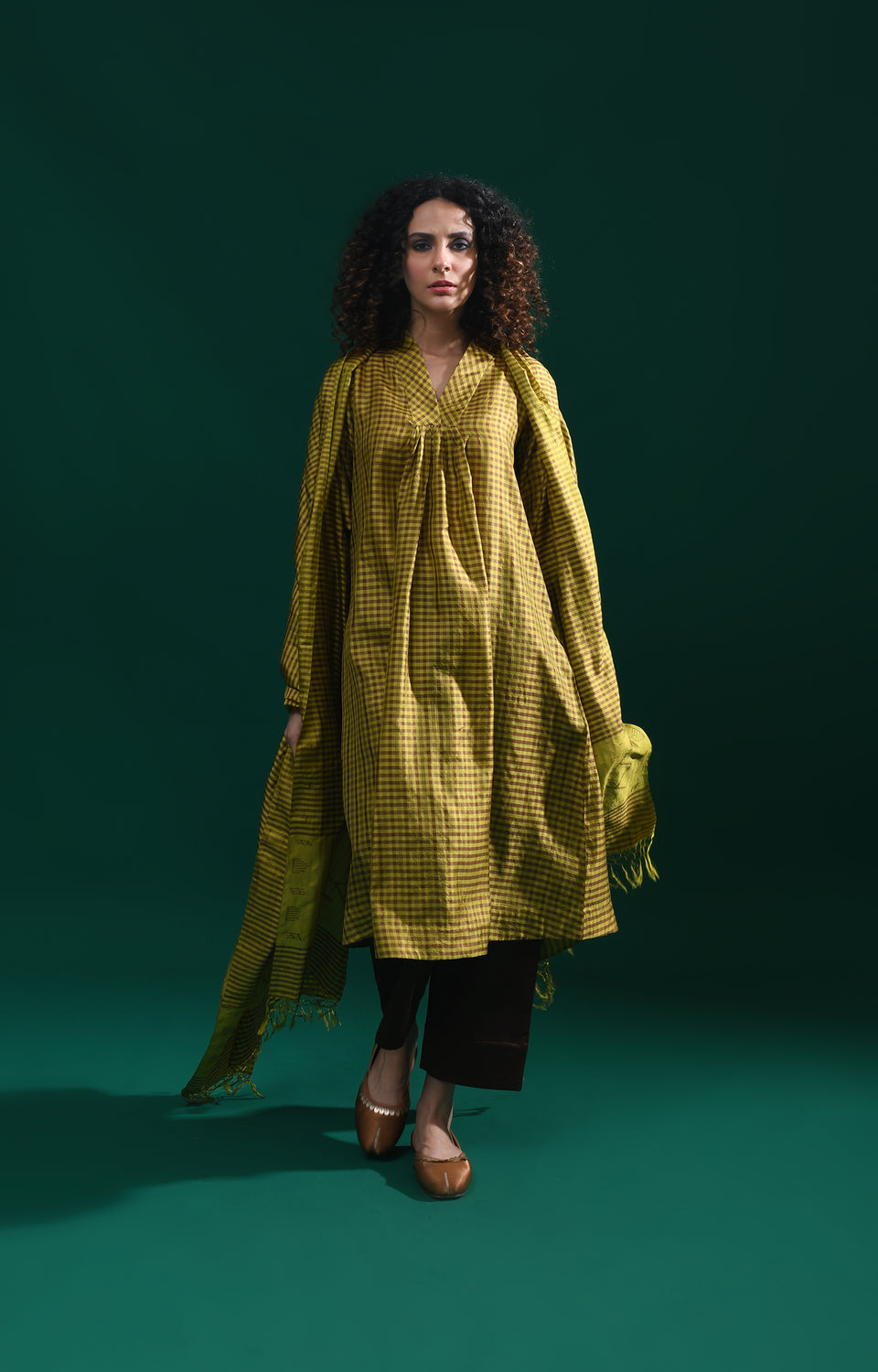 Mustard Bangalore silk plaid co-ord with jamdani dupatta set