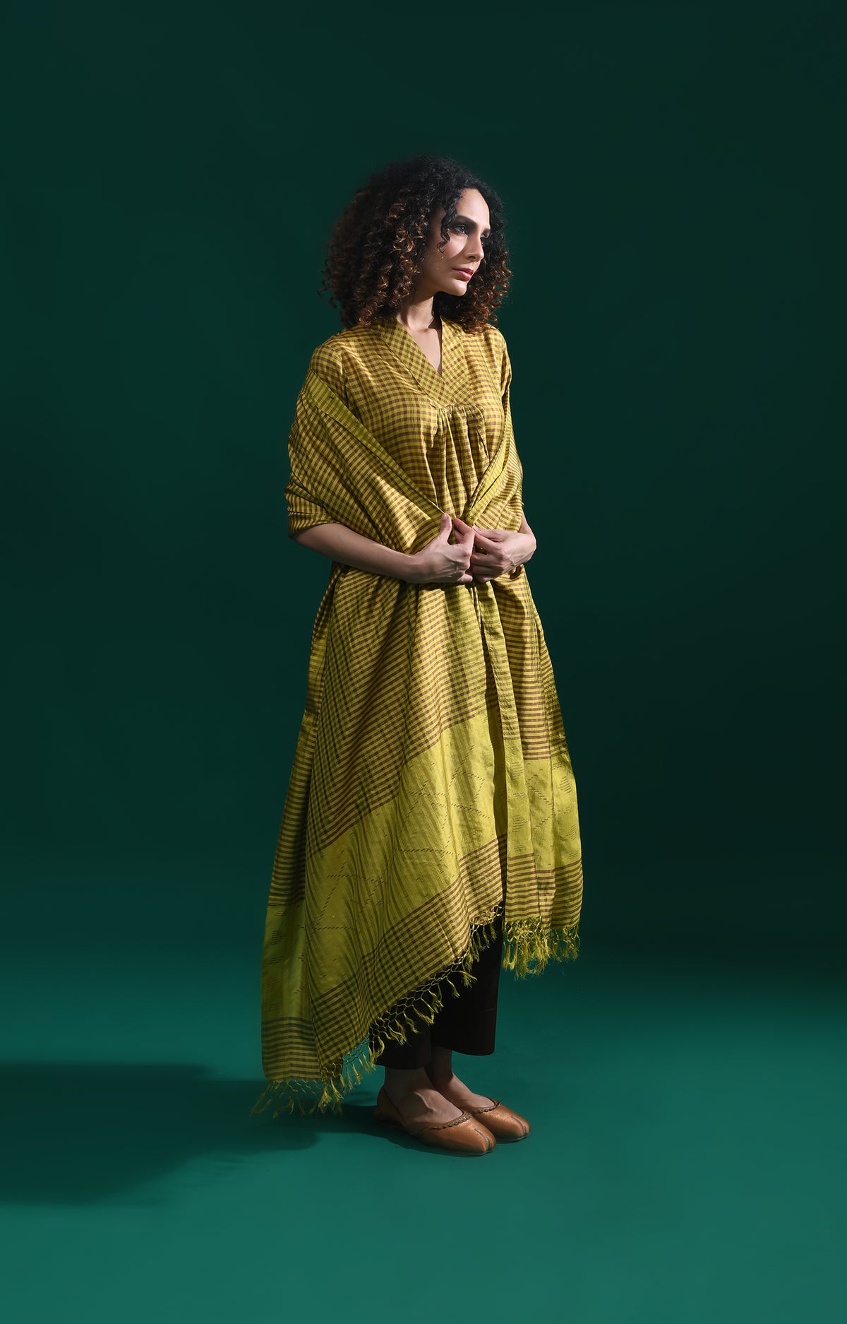 Mustard Bangalore silk plaid co-ord with jamdani dupatta set