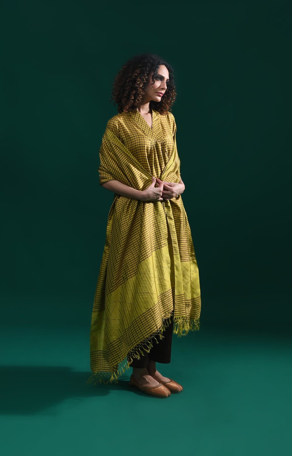 Mustard Bangalore silk plaid co-ord with jamdani dupatta set