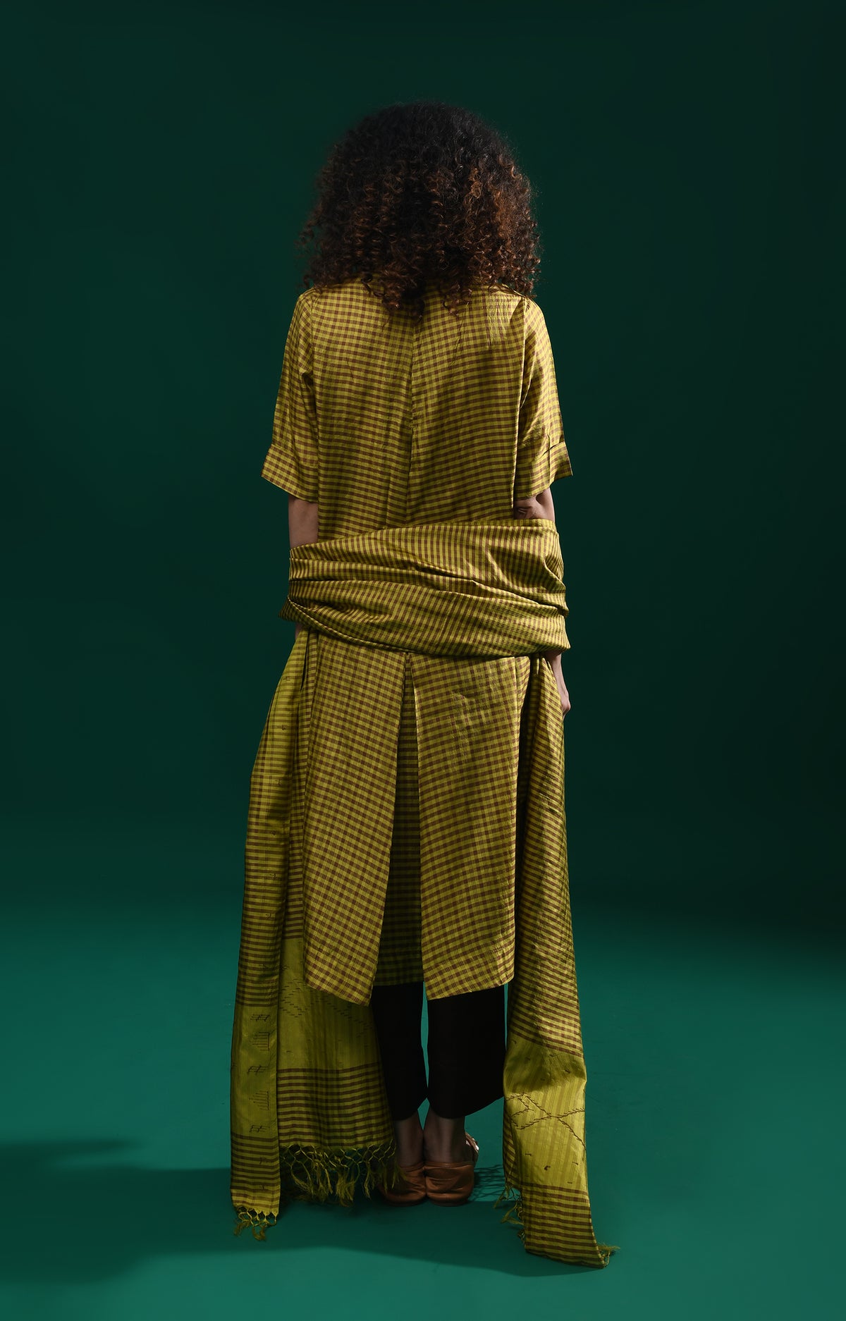 Mustard Bangalore silk plaid co-ord with jamdani dupatta set
