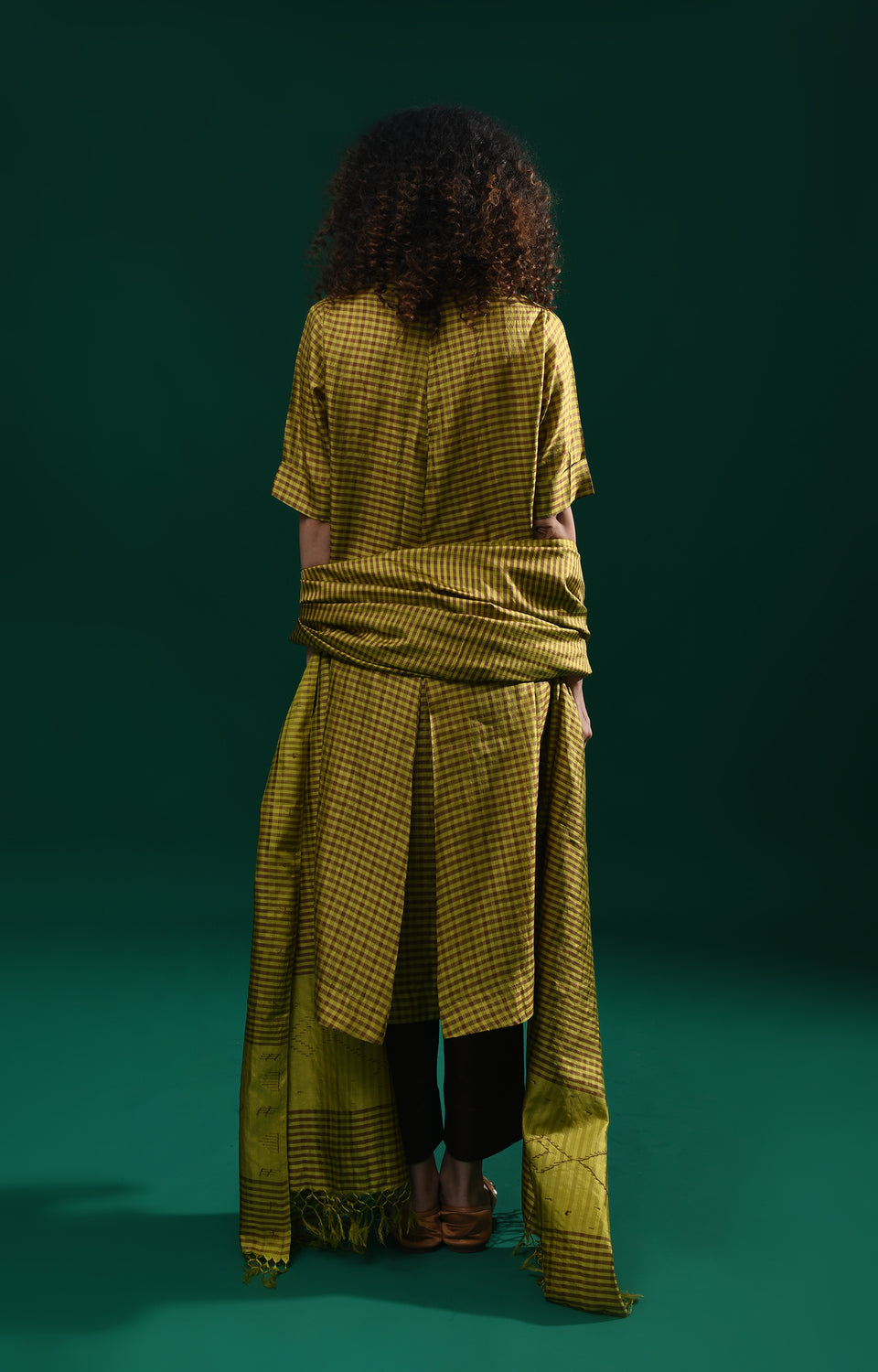 Mustard Bangalore silk plaid co-ord with jamdani dupatta set