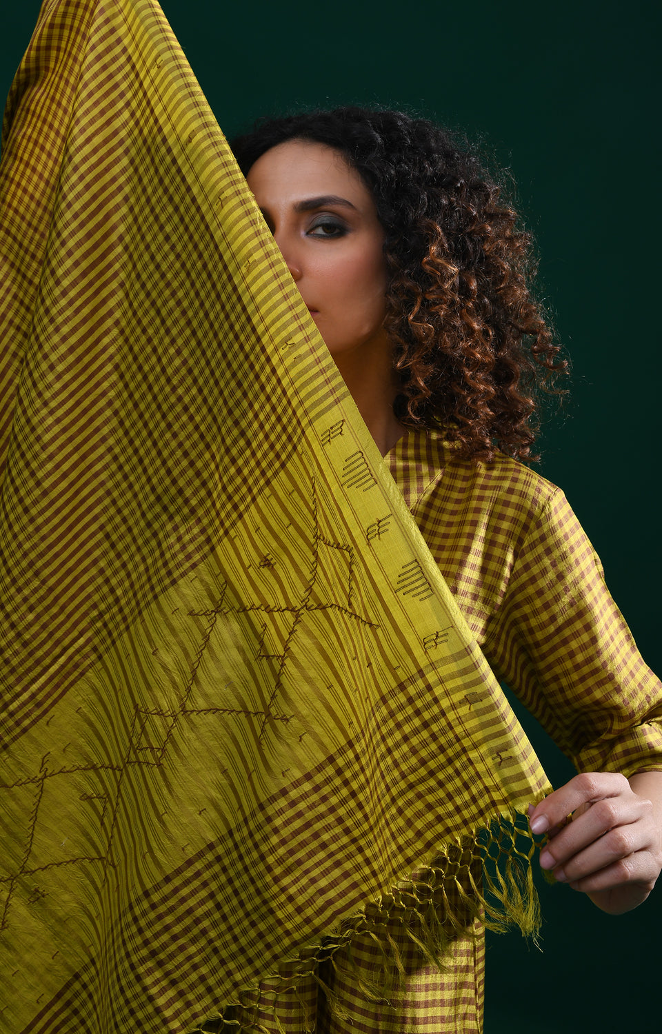 Mustard Bangalore silk plaid co-ord with jamdani dupatta set