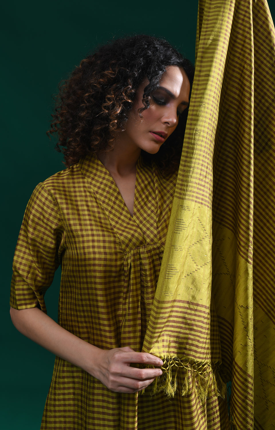 Mustard Bangalore silk plaid co-ord with jamdani dupatta set