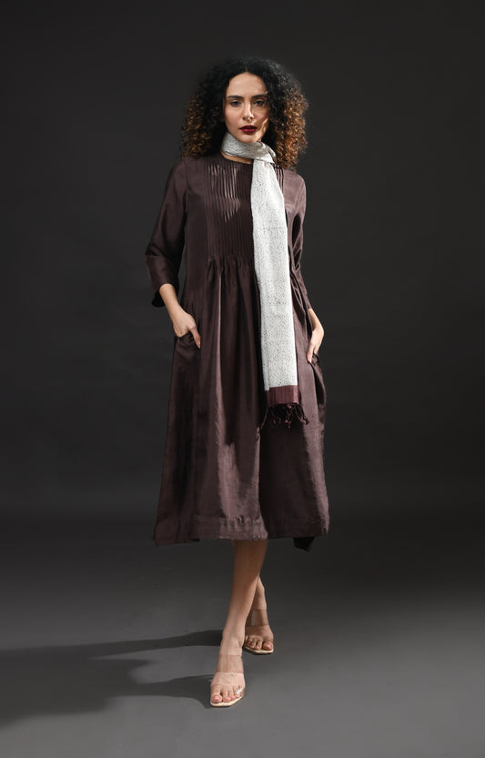 Pintucks Mulberry Silk Dress with Shibori Silk Stole- Dark Brown