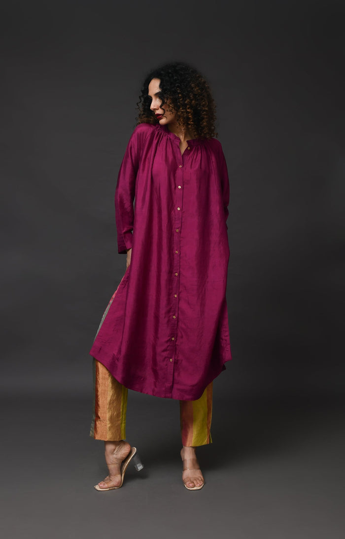 Wine mulberry silk neck gather kurta with tissue pants and dupatta set of 3