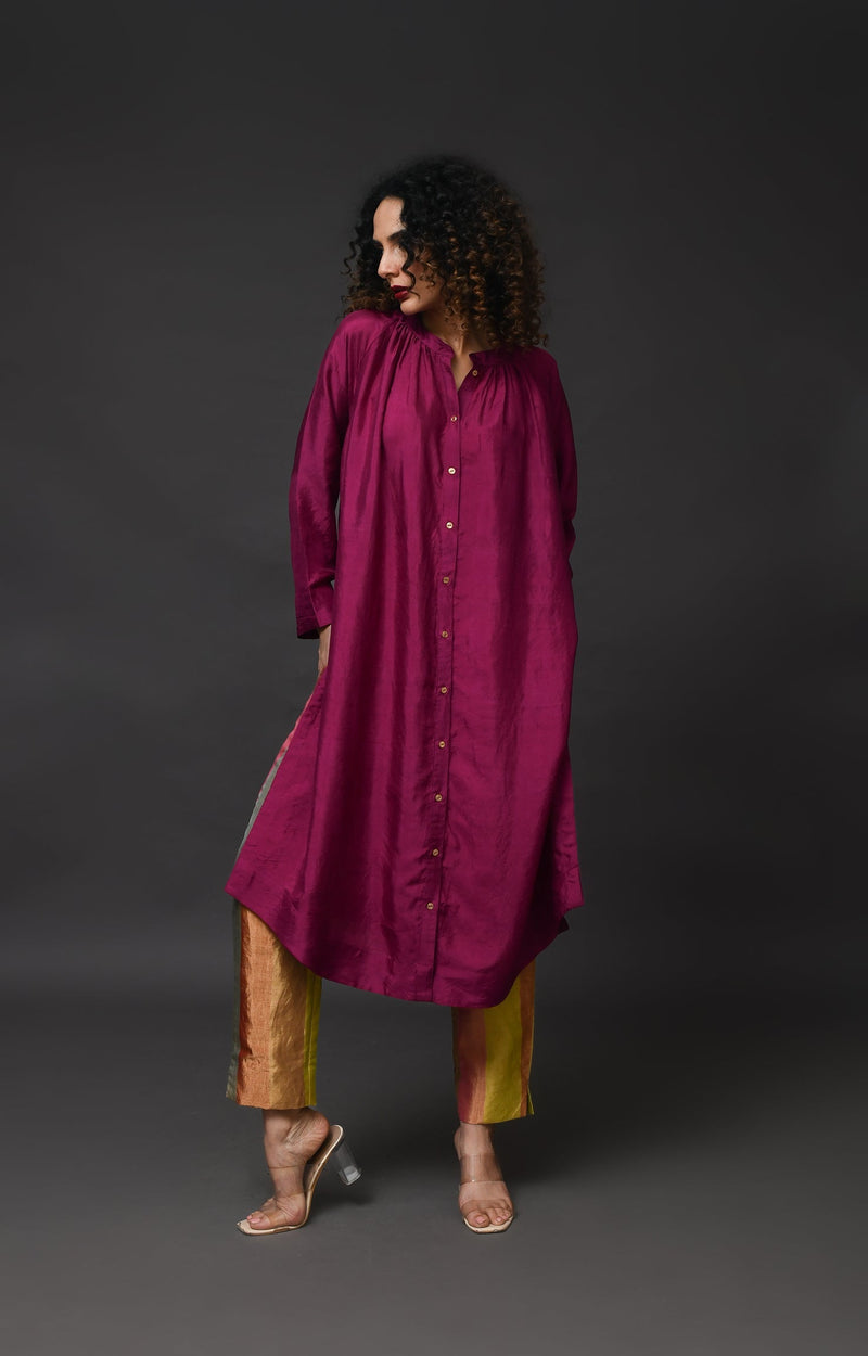 Wine mulberry silk neck gather kurta with tissue pants and dupatta set of 3