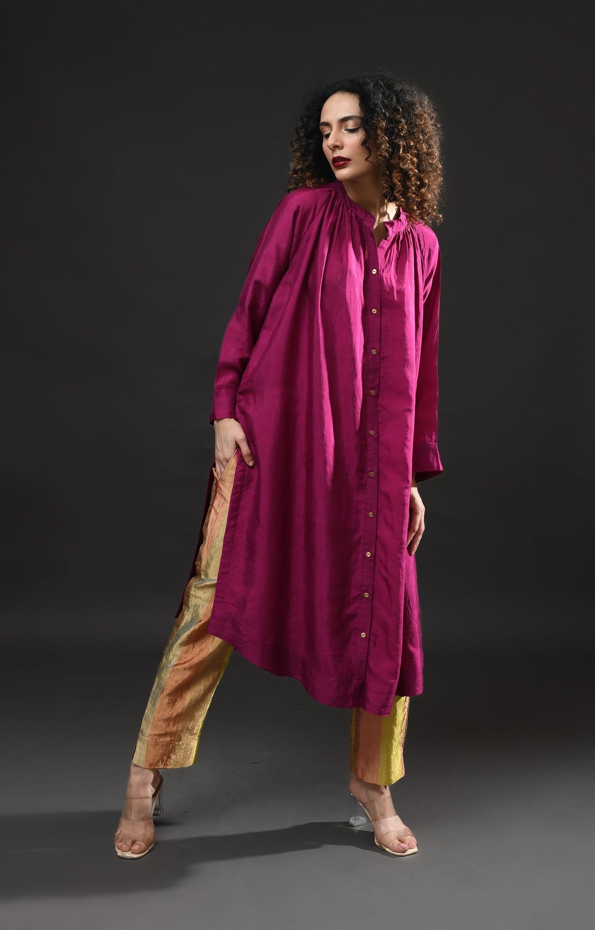 Wine mulberry silk neck gather kurta with tissue pants and dupatta set of 3