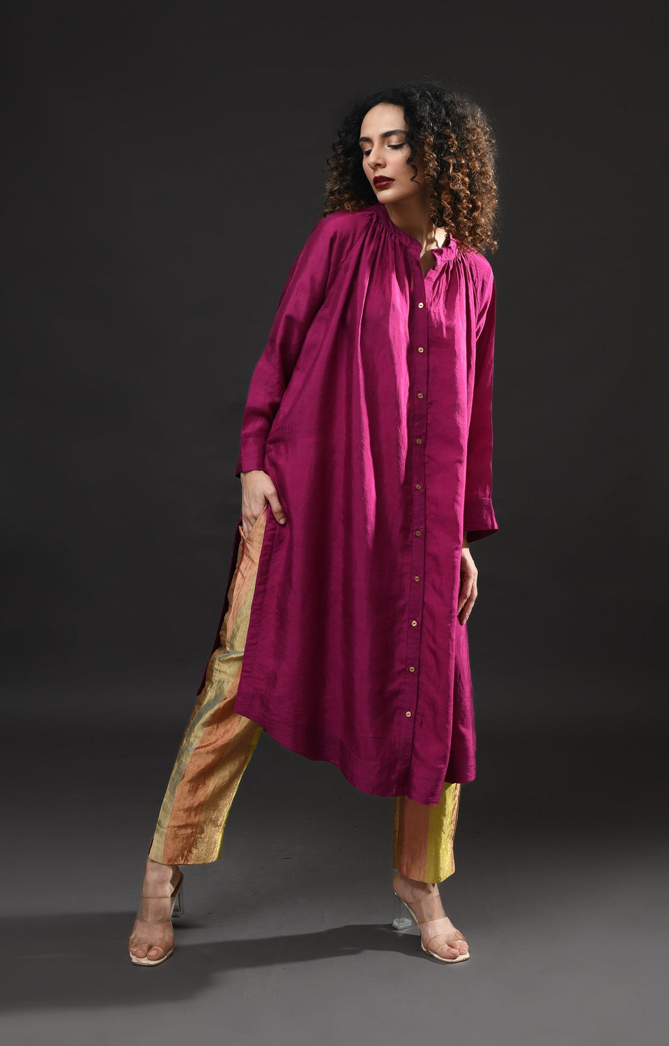 Wine mulberry silk neck gather kurta with tissue pants and dupatta set of 3