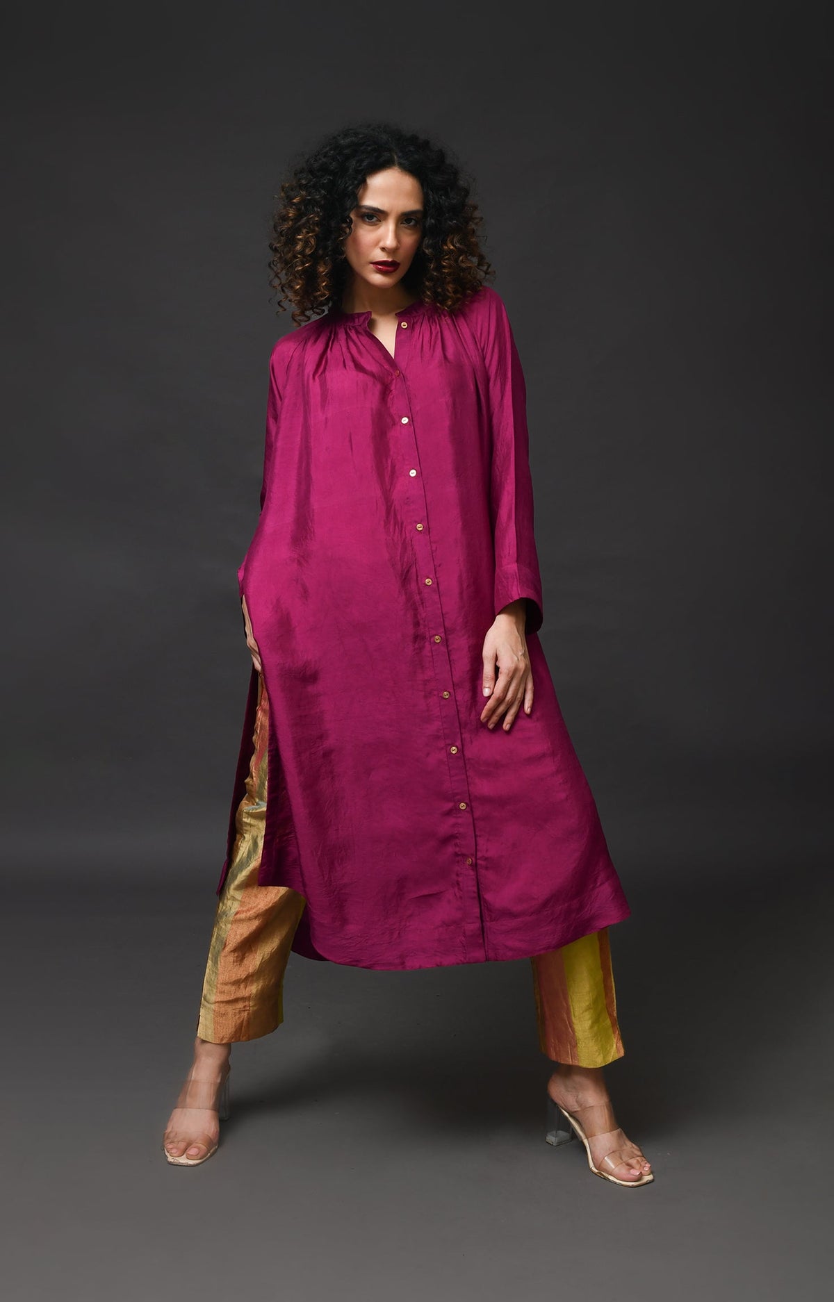 Wine mulberry silk neck gather kurta with tissue pants and dupatta set of 3