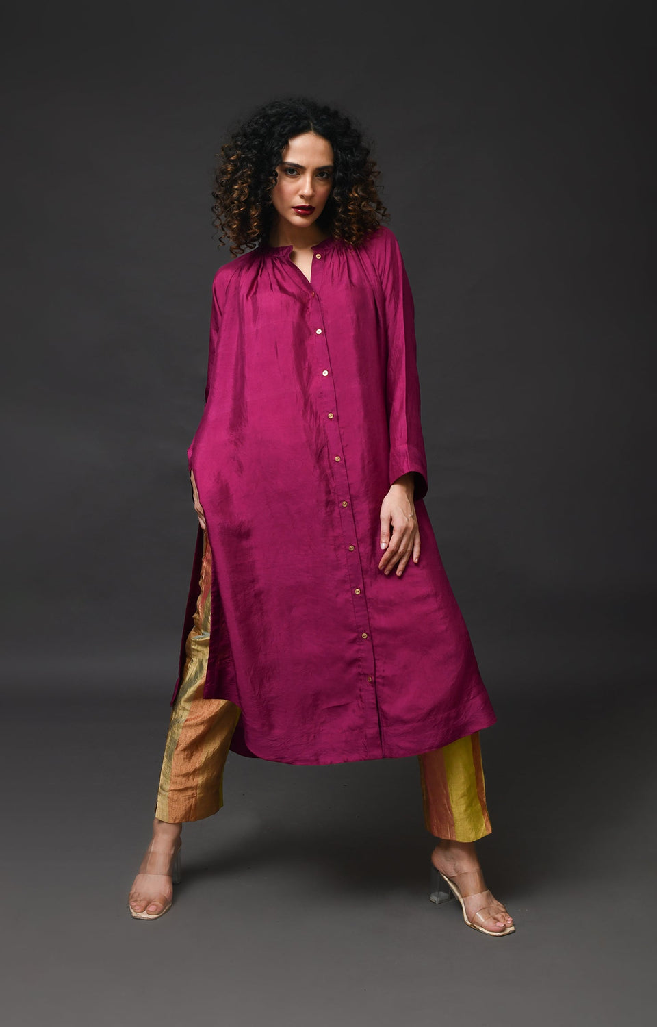 Wine mulberry silk neck gather kurta with tissue pants and dupatta set of 3