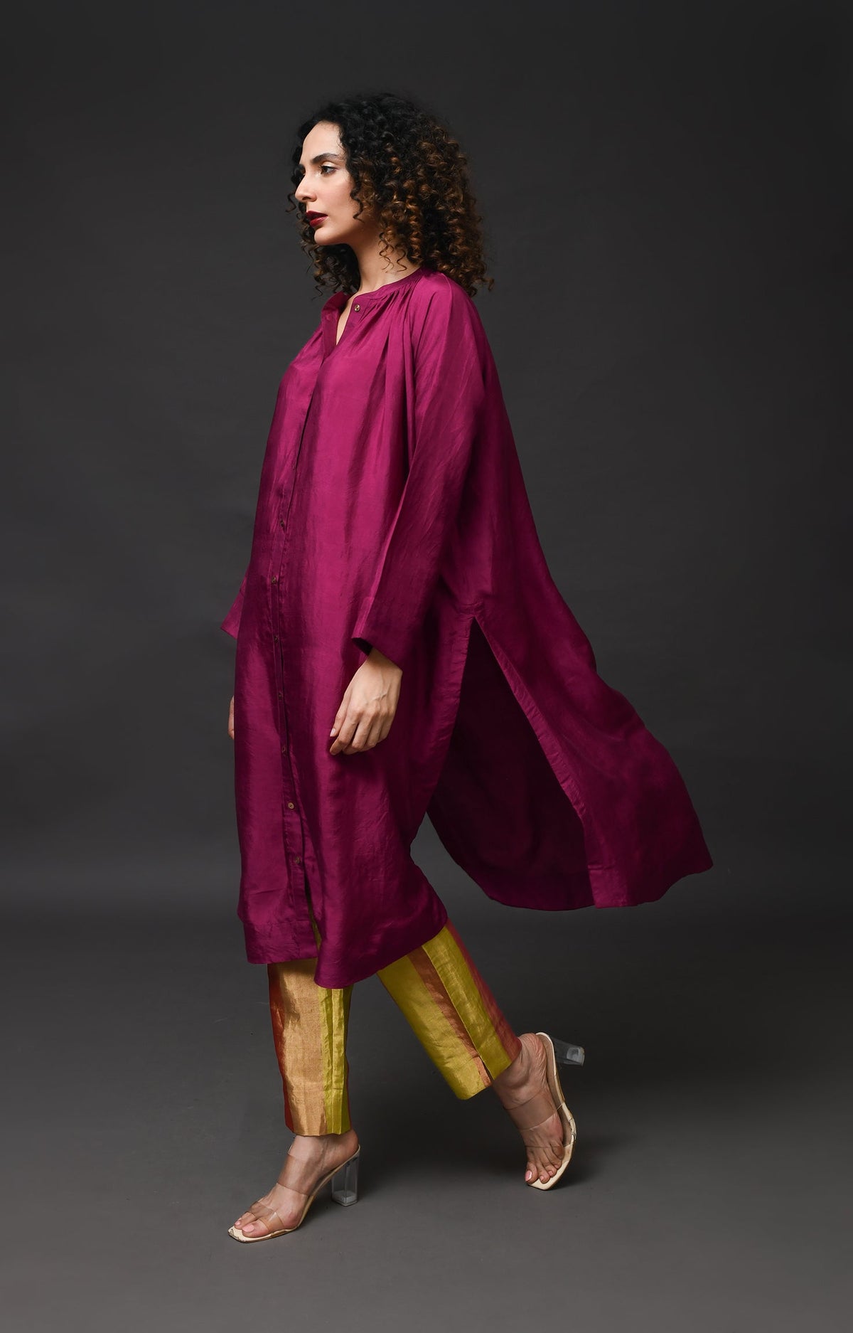 Wine mulberry silk neck gather kurta with tissue pants and dupatta set of 3