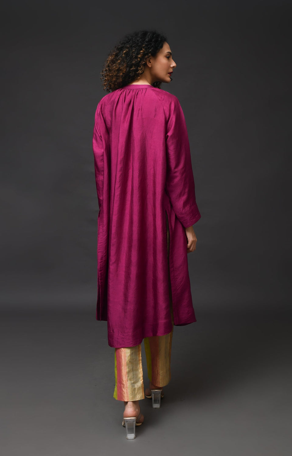 Wine mulberry silk neck gather kurta with tissue pants and dupatta set of 3