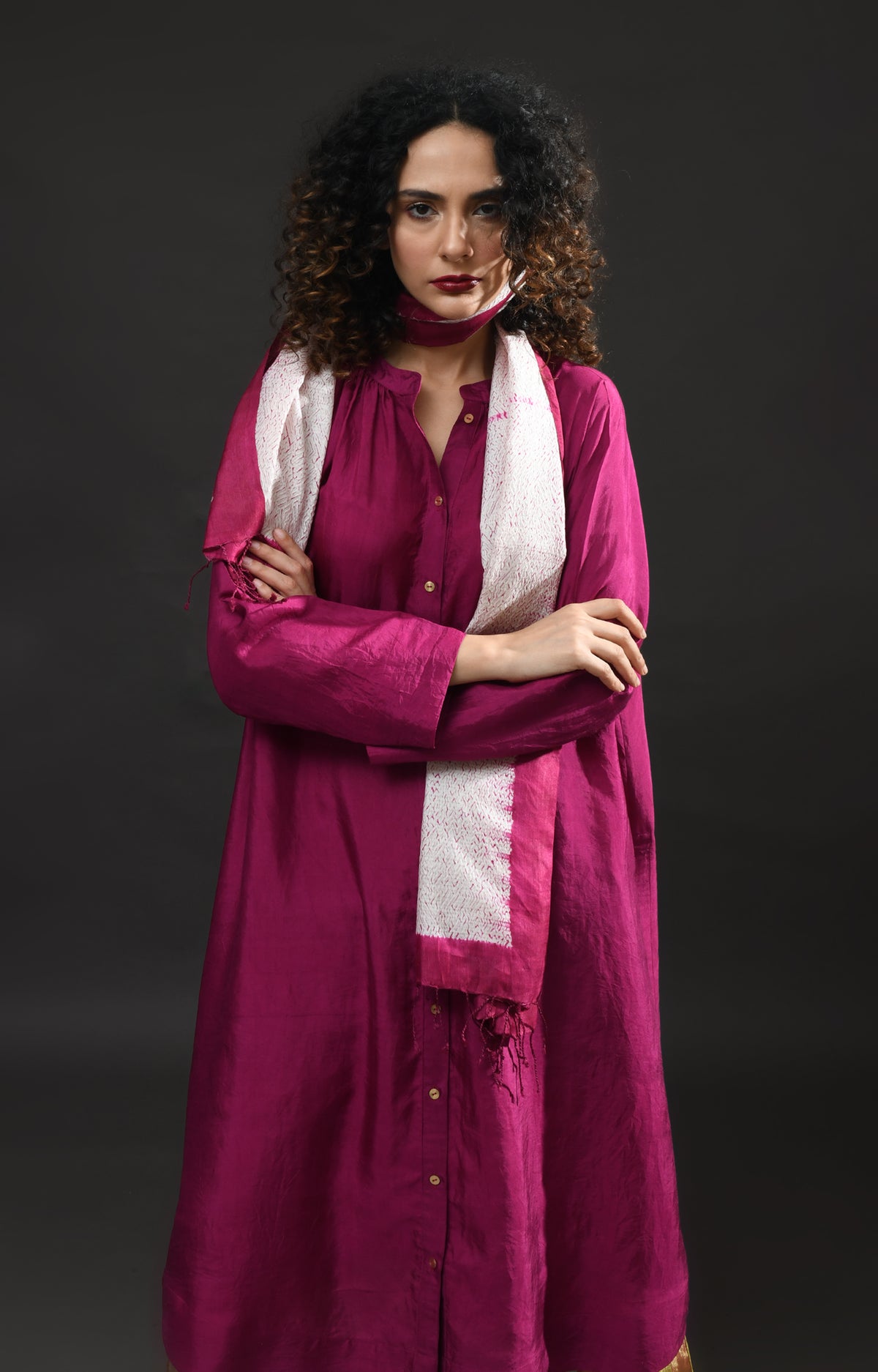 Wine mulberry silk neck gather kurta with tissue pants and dupatta set of 3