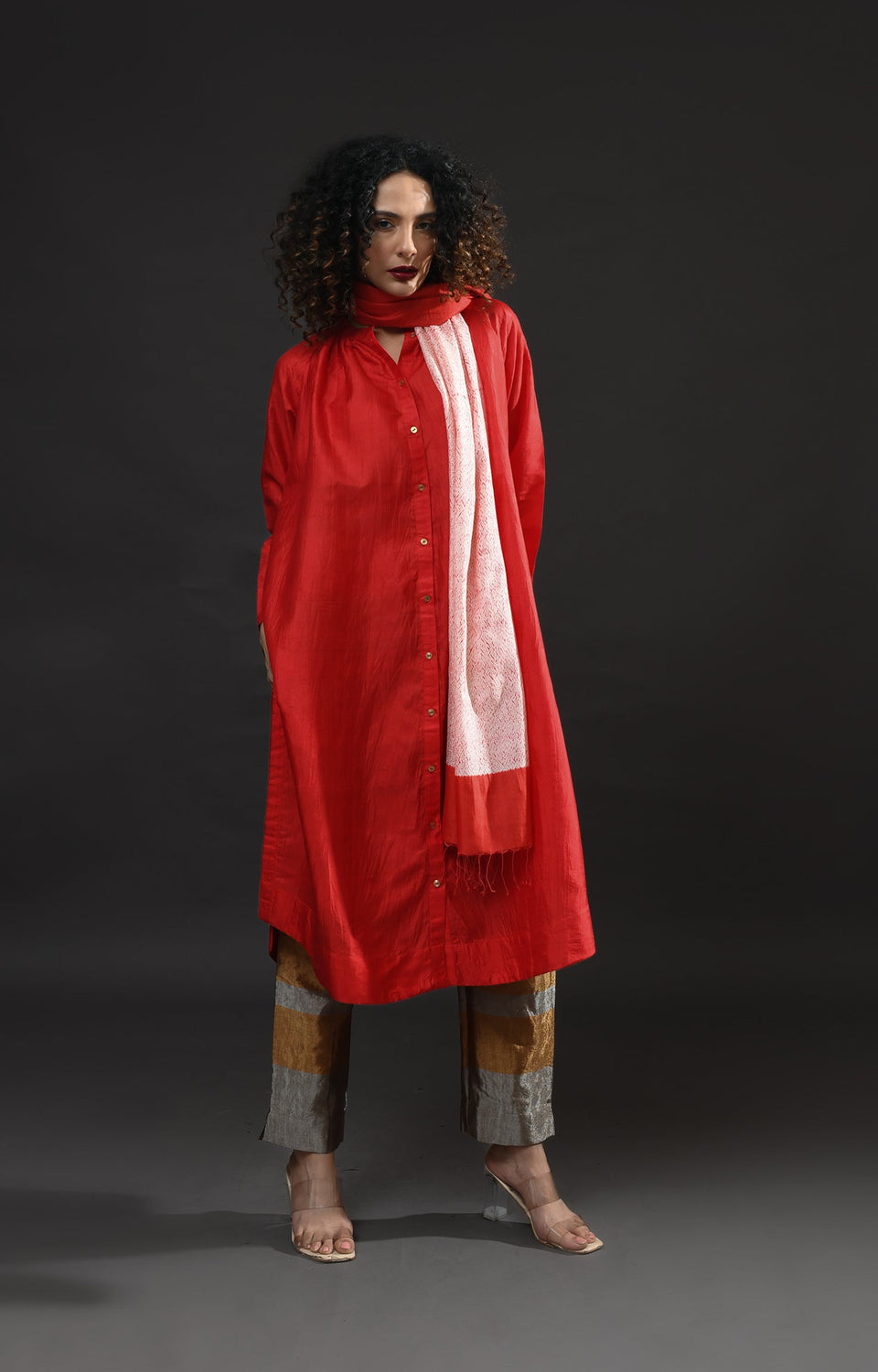 Crimson mulberry silk neck gather kurta paired with tissue pants set of for women