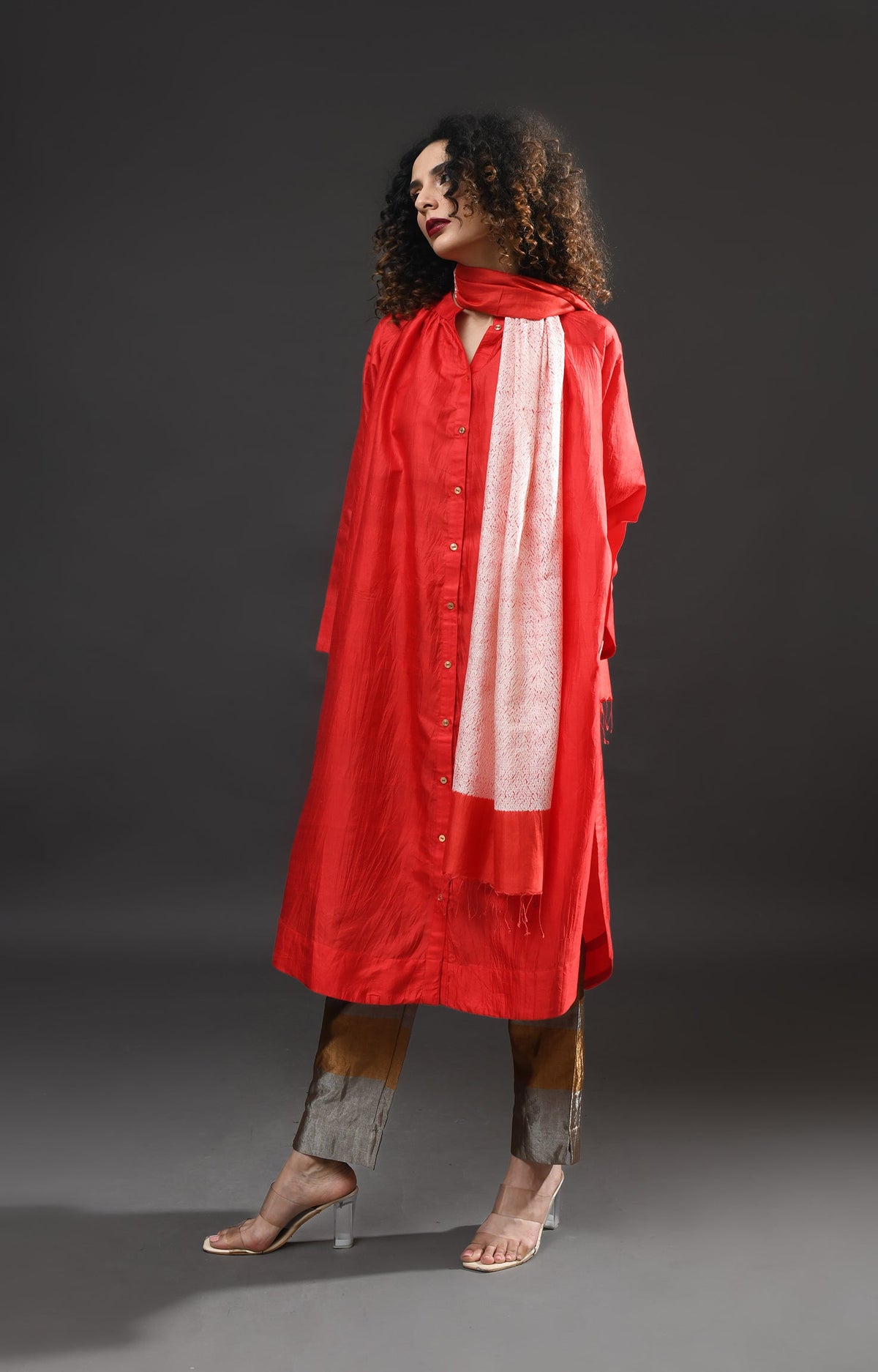 Crimson mulberry silk neck gather kurta paired with tissue pants set of for women